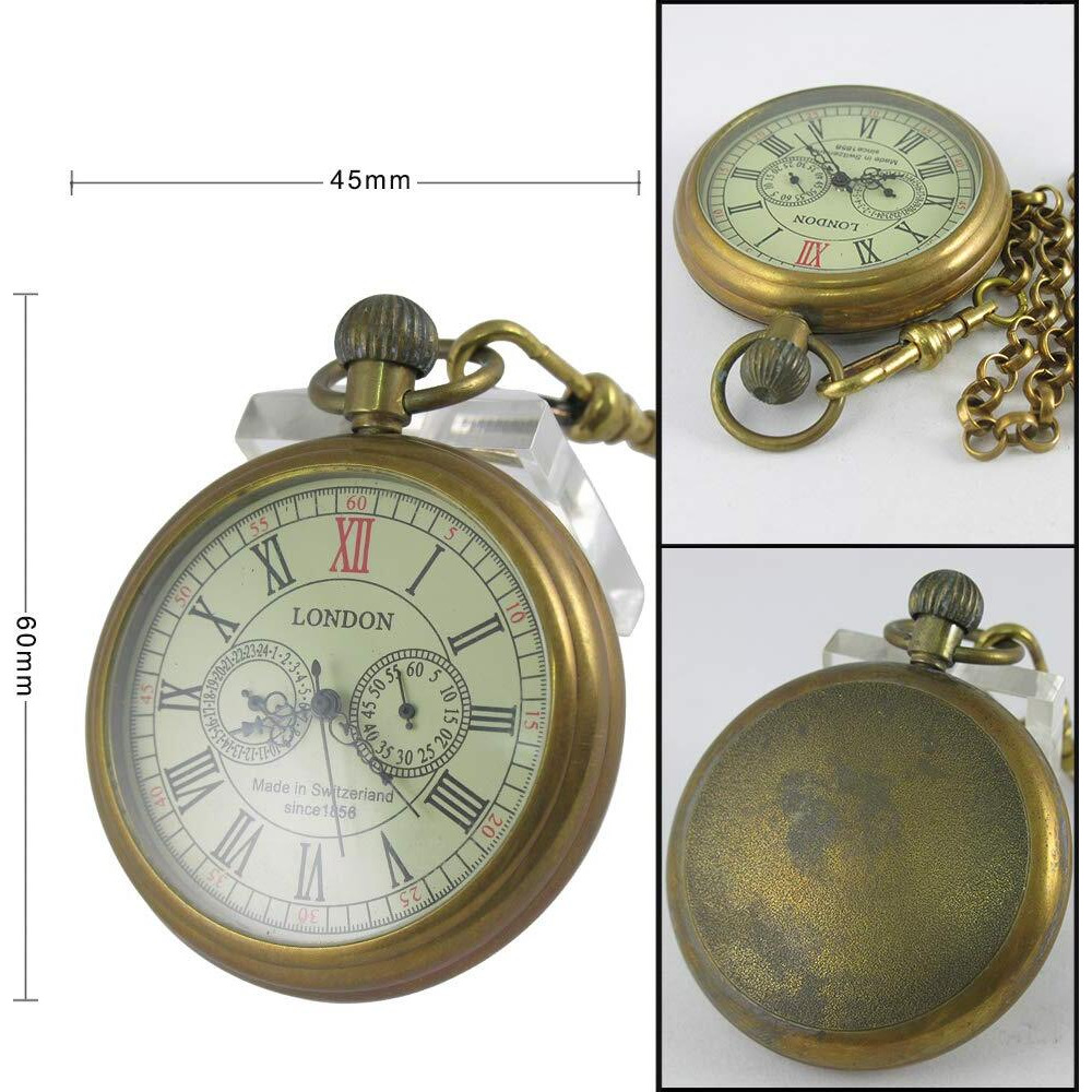 Vigoroso Men 's Vintage Full Copper Hand-Wind Mechanical Second&24Hours Sub-Dials Pocket Watch In Box