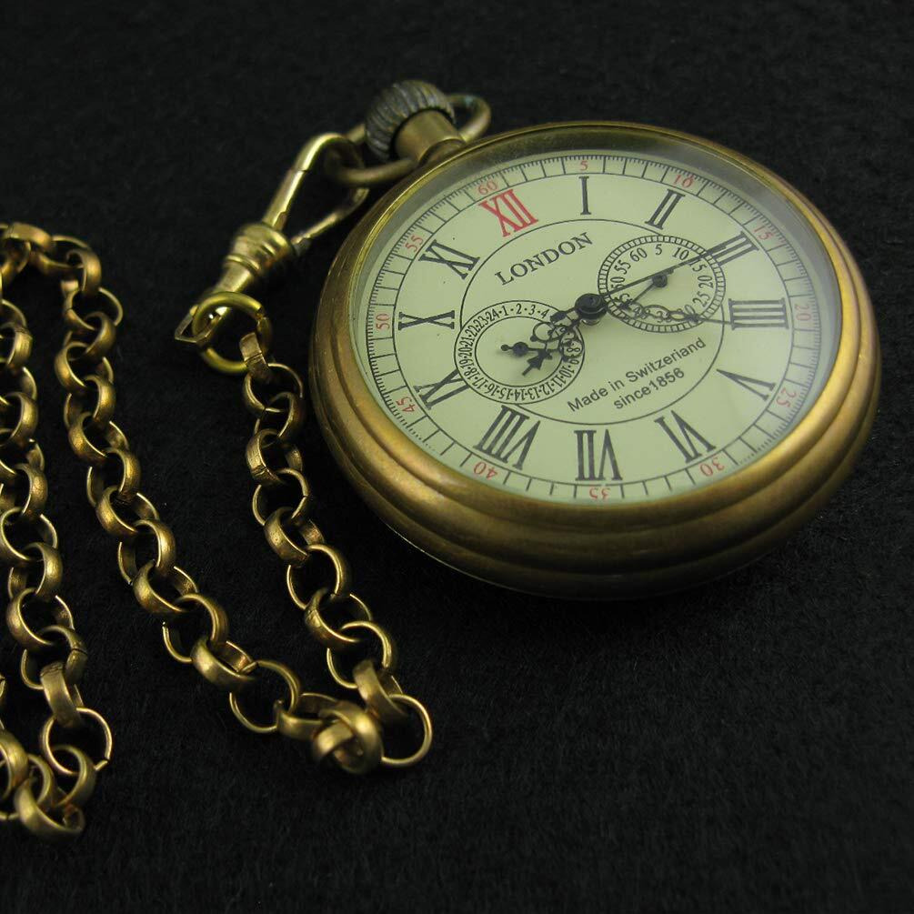 Vigoroso Men 's Vintage Full Copper Hand-Wind Mechanical Second&24Hours Sub-Dials Pocket Watch In Box