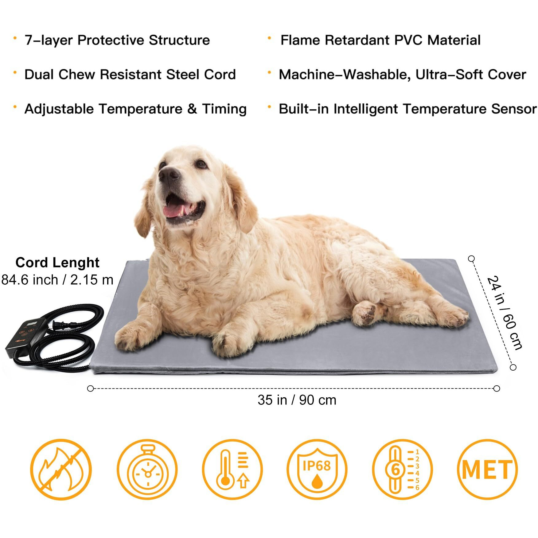 Toozey Large Pet Heating Pad  6 Adjustable Temperature Dog Cat Heating Pad With Timer  Waterproof Heated Dog Bed With Chew Resistant Cord  Indoor Electric Pet Heated Mat 35X24In