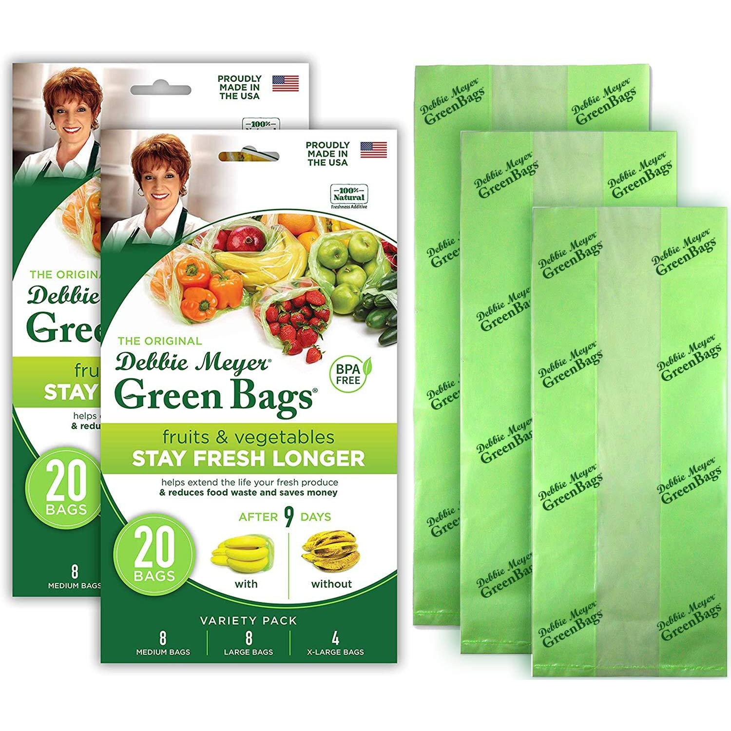 Debbie Meyer Greenbags 40-Pack (16M 16L 8Xl) - Keeps Fruits Vegetables And Cut Flowers Fresh Longer Reusable Bpa Free Made In Usa