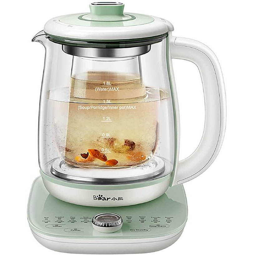 Bear Ysh-C18S2 Health Pot  Electric Kettle Tea Maker With Infuser  Glass Kettle & Stew Pot  16 Menus 18L 120V  Green