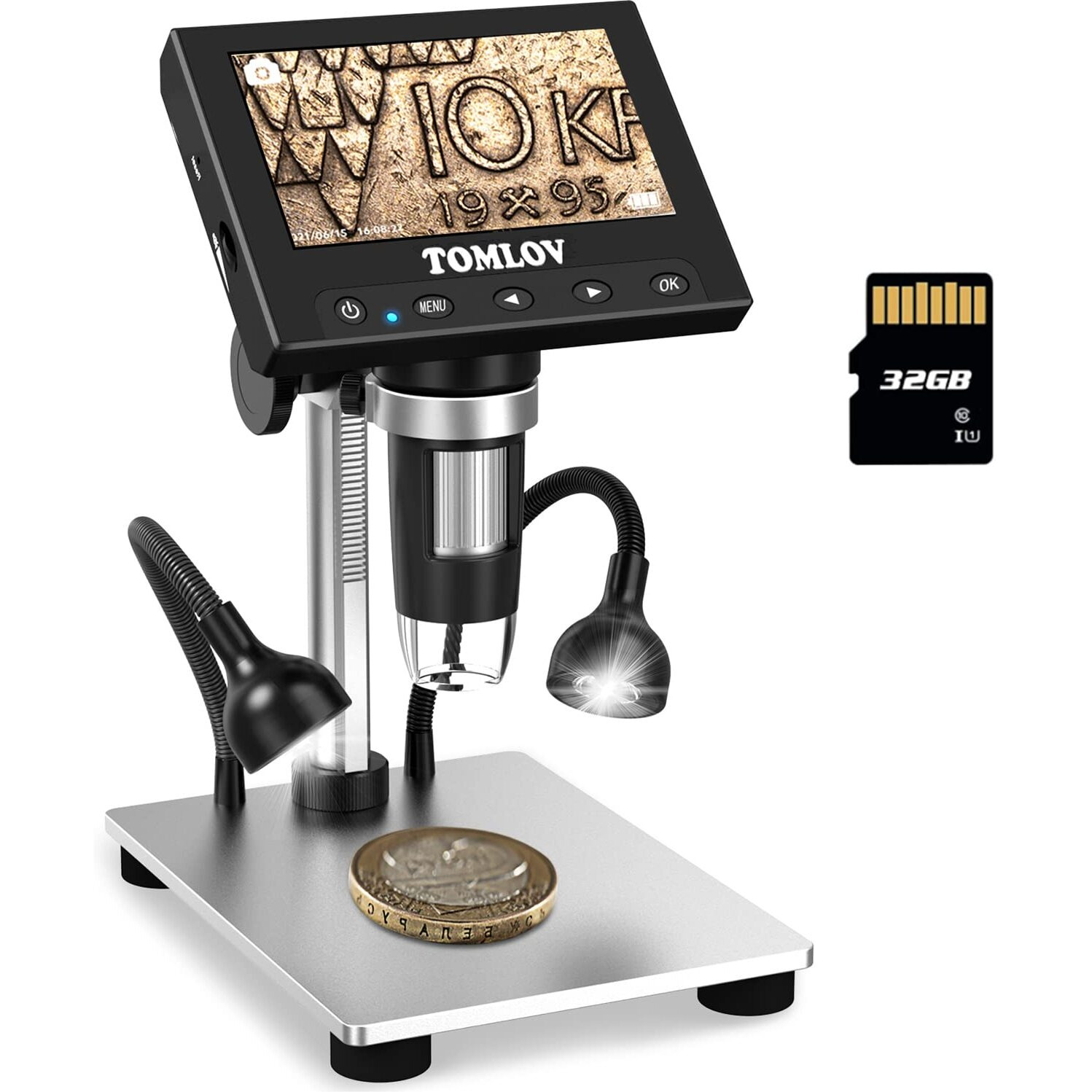 Tomlov 1000X Error Coin Microscope With 4.3 Lcd Screen Usb Digital Microscope With Led Fill Lights Metal Stand Pc View Photovideo Sd Card Included Windows Compatible Model- Dm4S