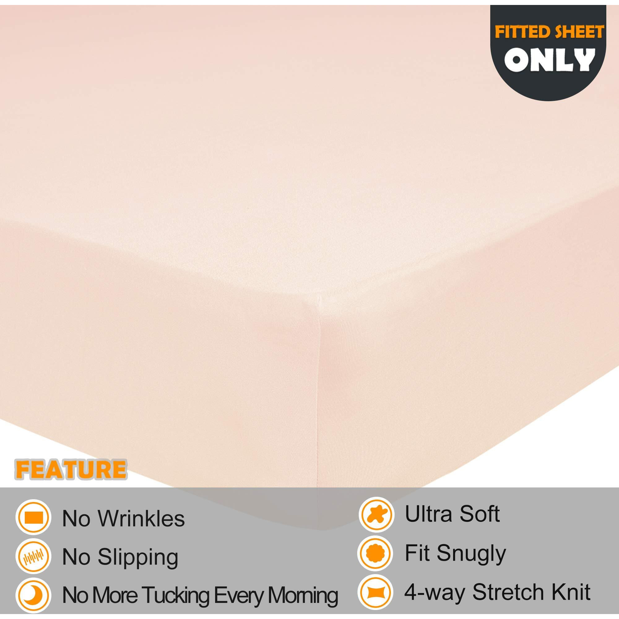 Queen Size Fitted Sheet Only - 4-Way Stretch Jersey Knit  Snug Fit  Wrinkle Free & Stay In Place  No More Slipping Off For Mattress  Soft & Comfortable - Blush Pink  Queen