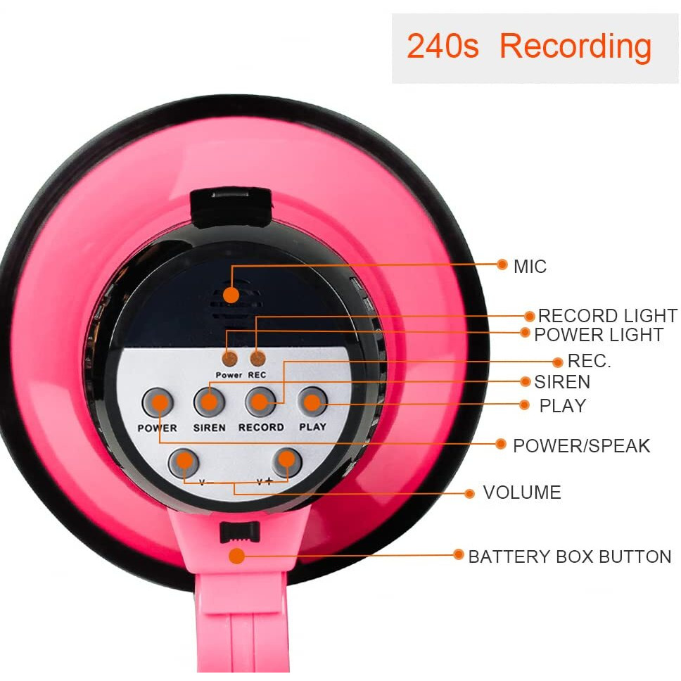 Mymealivos Portable Megaphone Bullhorn 20 Watt Power Megaphone Speaker Voice And Siren/Alarm Modes With Volume Control And Strap (Deeppink)