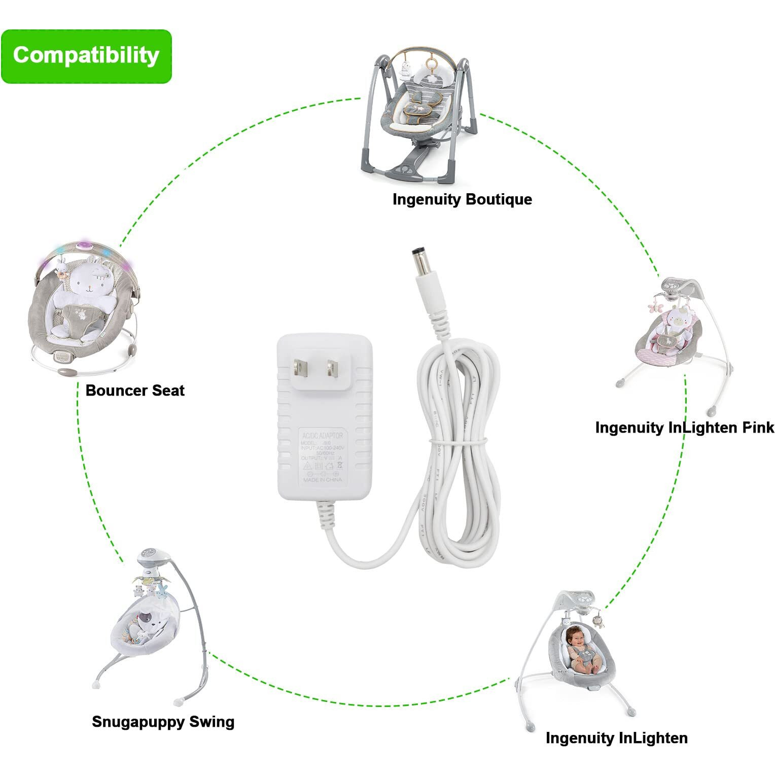 10 Ft Snugapuppy Power Cord Replacement For Fisher Price/Ingenuity Baby Swing 6V Ac Dc Adapter  Charger Cable