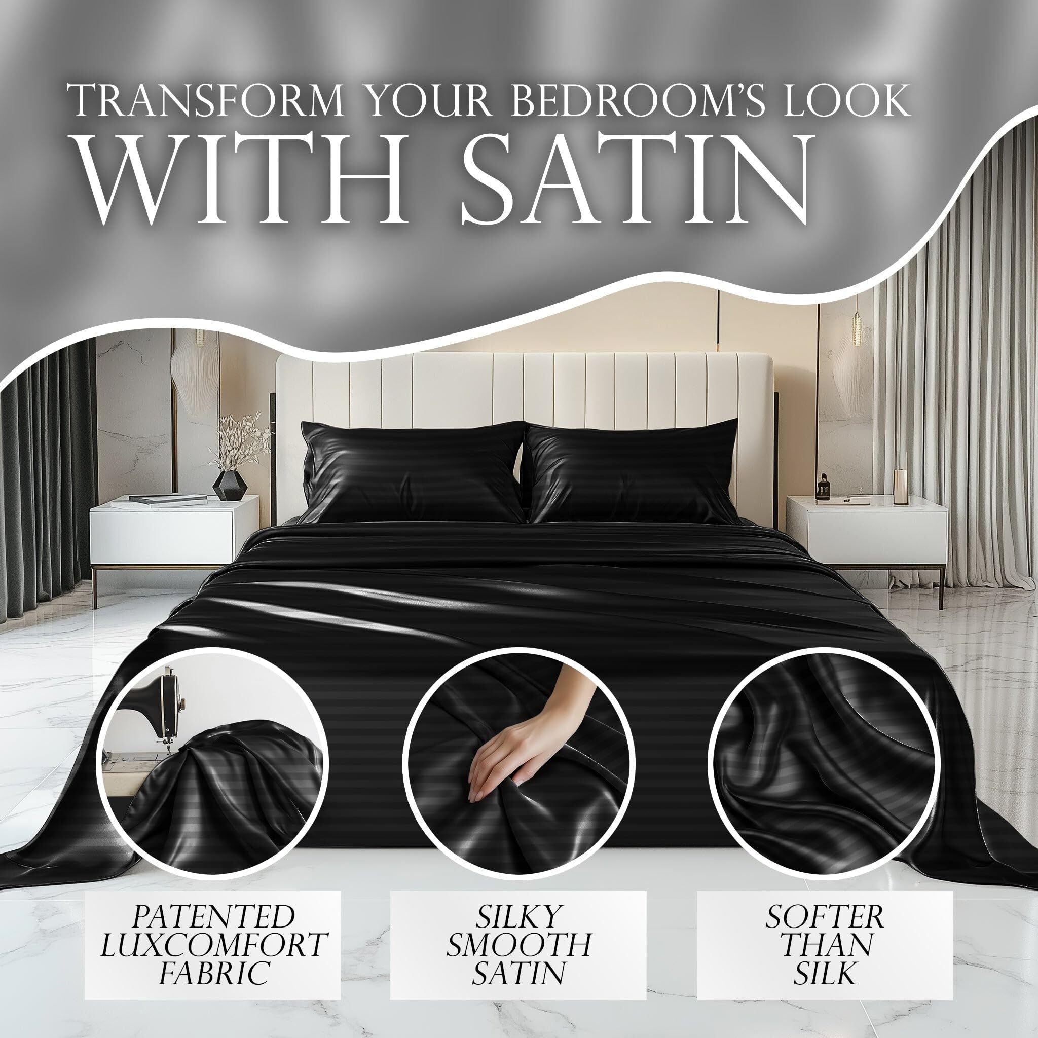 Decolure Satin Bed Sheets - 4 Piece Luxury Silky Queen Size Bedding Set - Softer Than Silk  Wrinkle-Free With 15  Deep Pocket Fitted Sheet  Perfect For Hair & Skin  Gifts For Women (Striped Black)