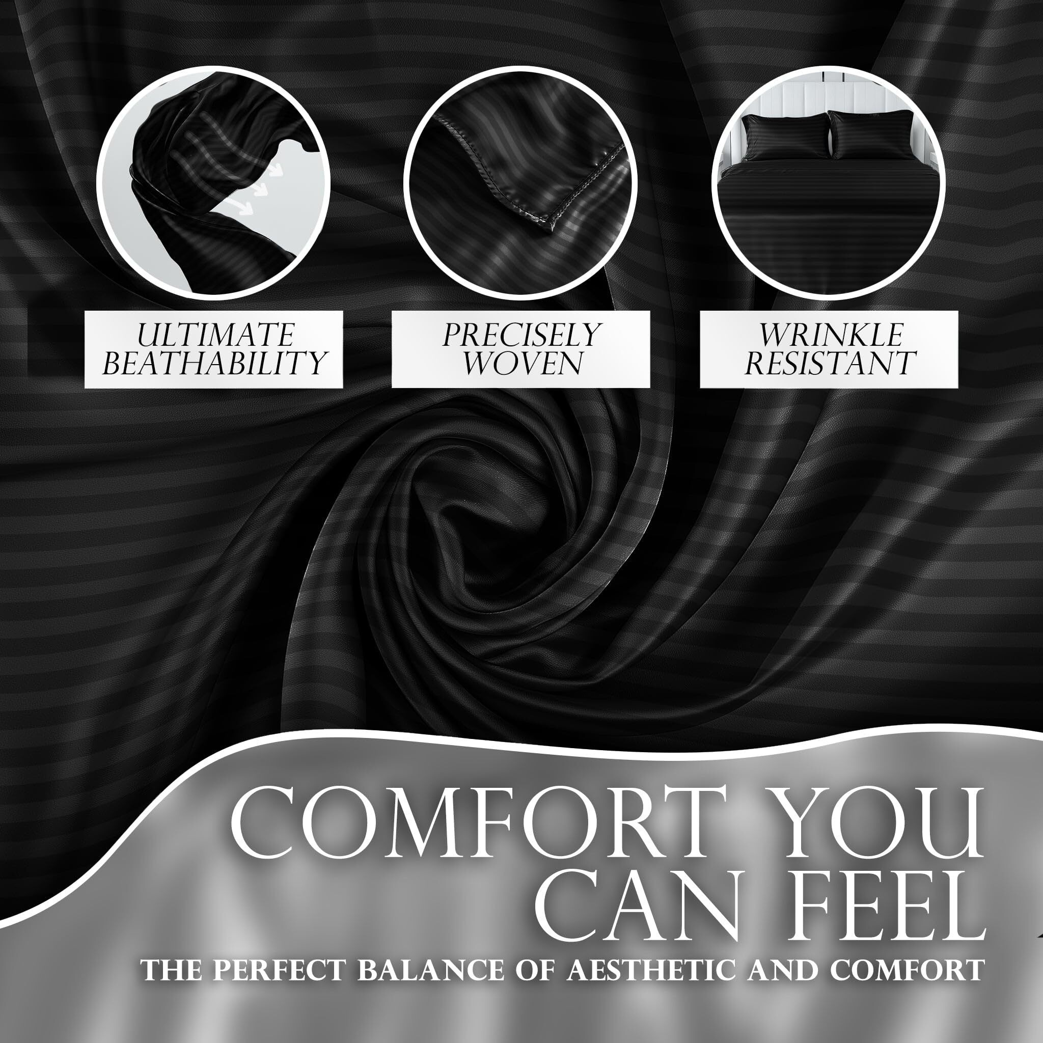Decolure Satin Bed Sheets - 4 Piece Luxury Silky Queen Size Bedding Set - Softer Than Silk  Wrinkle-Free With 15  Deep Pocket Fitted Sheet  Perfect For Hair & Skin  Gifts For Women (Striped Black)