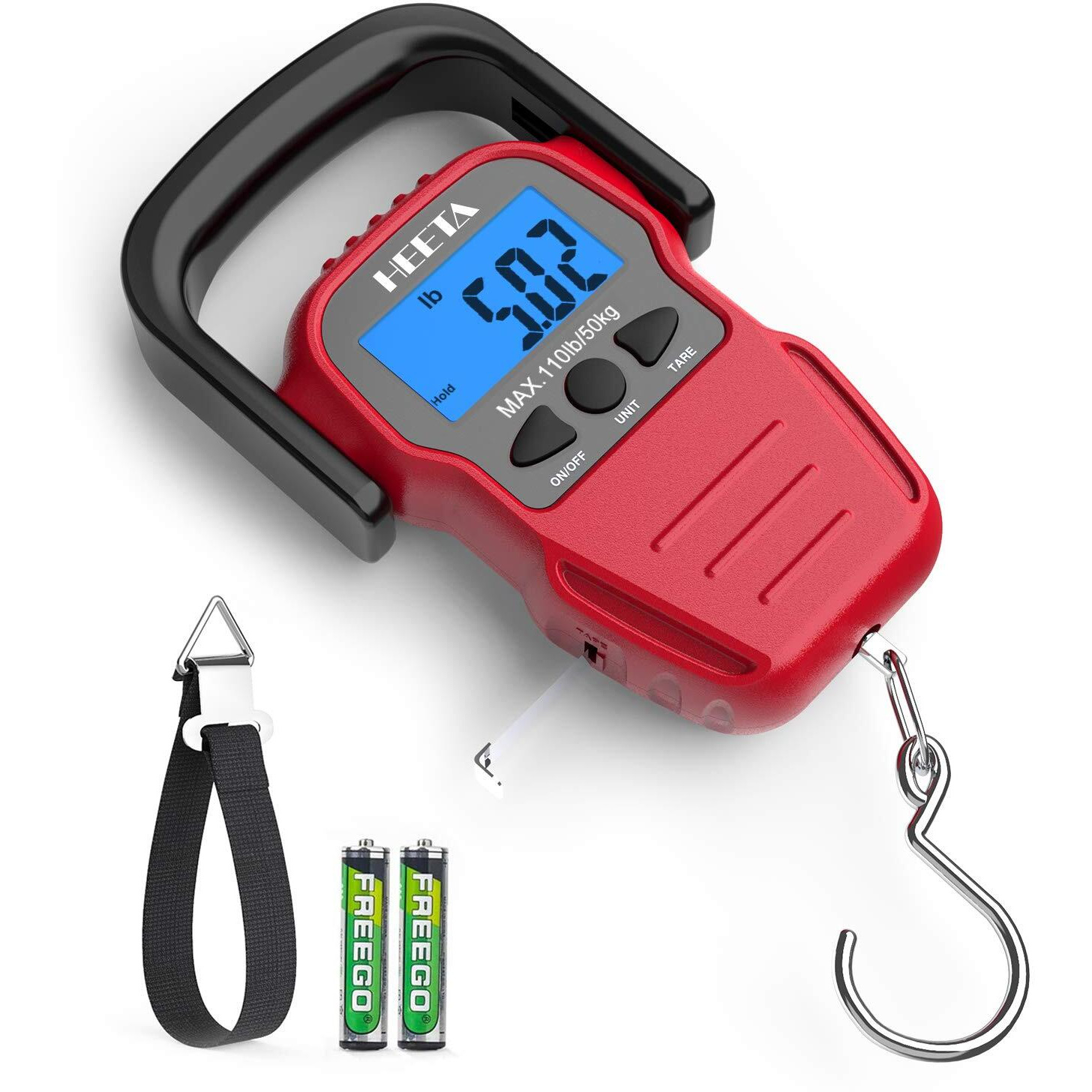 Heeta Fish Scale With Backlit Lcd Display  Digital Portable Hanging Scale Luggage Scale With Measuring Tape For Home And Outdoor  2 Aaa Batteries Included  Red