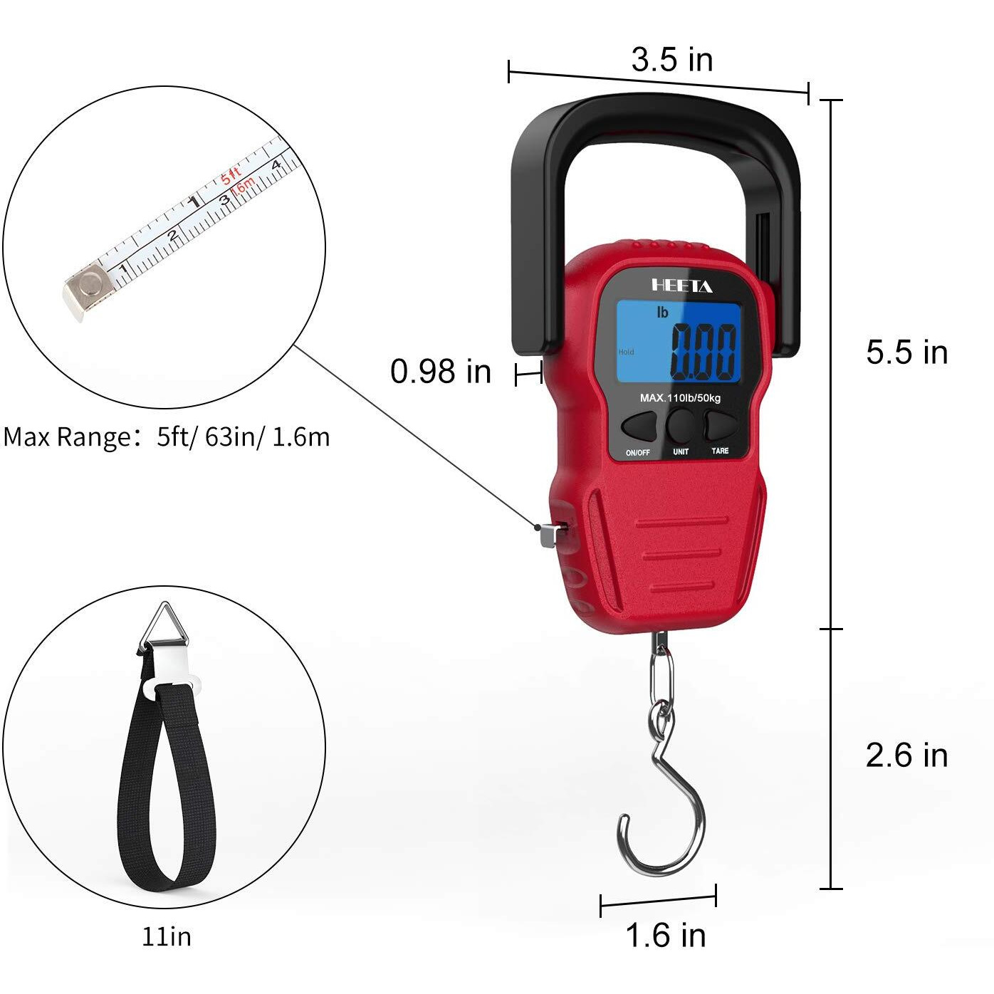 Heeta Fish Scale With Backlit Lcd Display  Digital Portable Hanging Scale Luggage Scale With Measuring Tape For Home And Outdoor  2 Aaa Batteries Included  Red