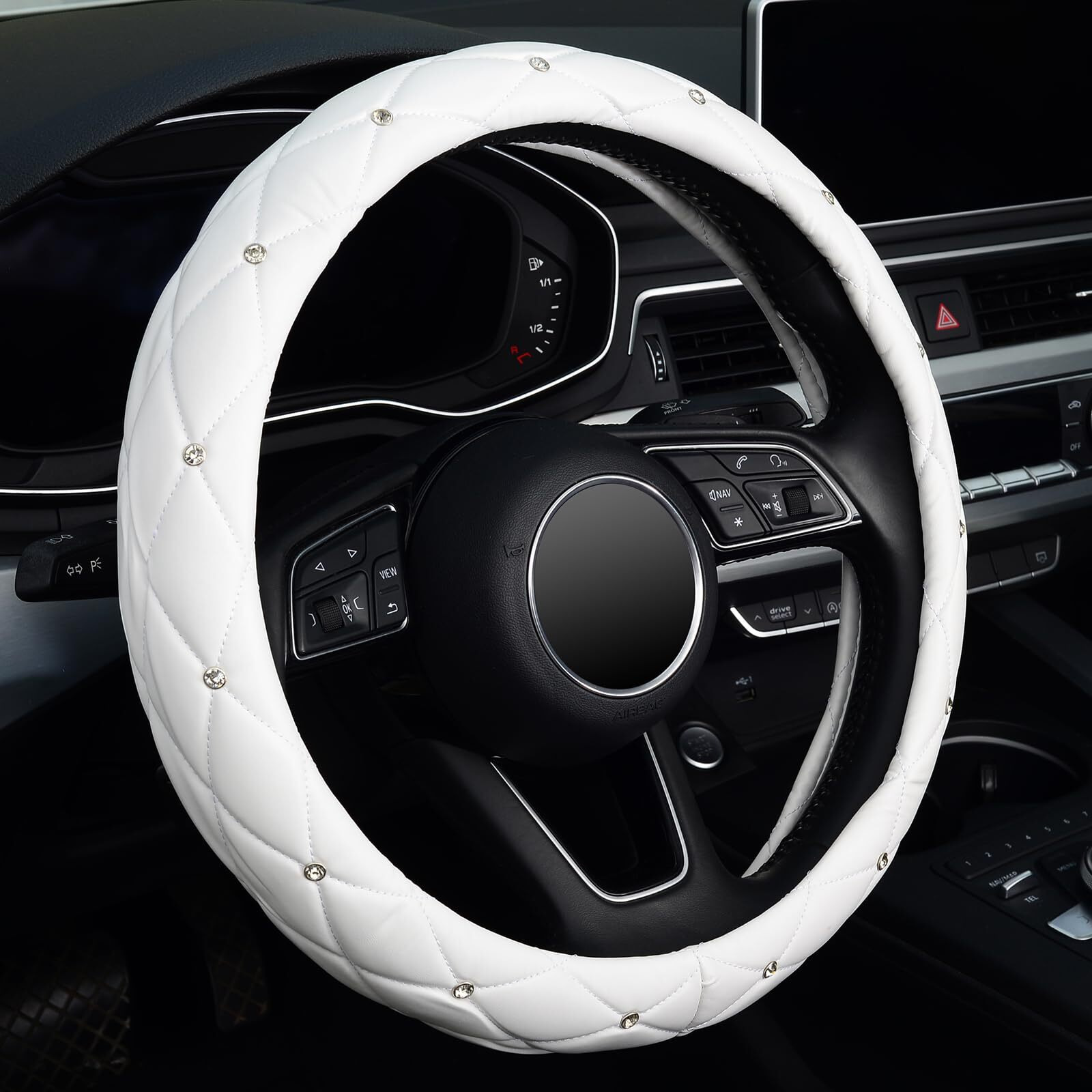Kafeek Diamond Soft Leather Steering Wheel Cover With Bling Bling Crystal Rhinestones  Universal 15 Inch  Pure White