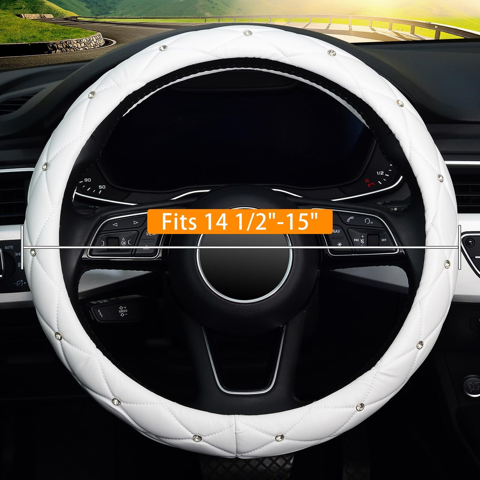 Kafeek Diamond Soft Leather Steering Wheel Cover With Bling Bling Crystal Rhinestones  Universal 15 Inch  Pure White