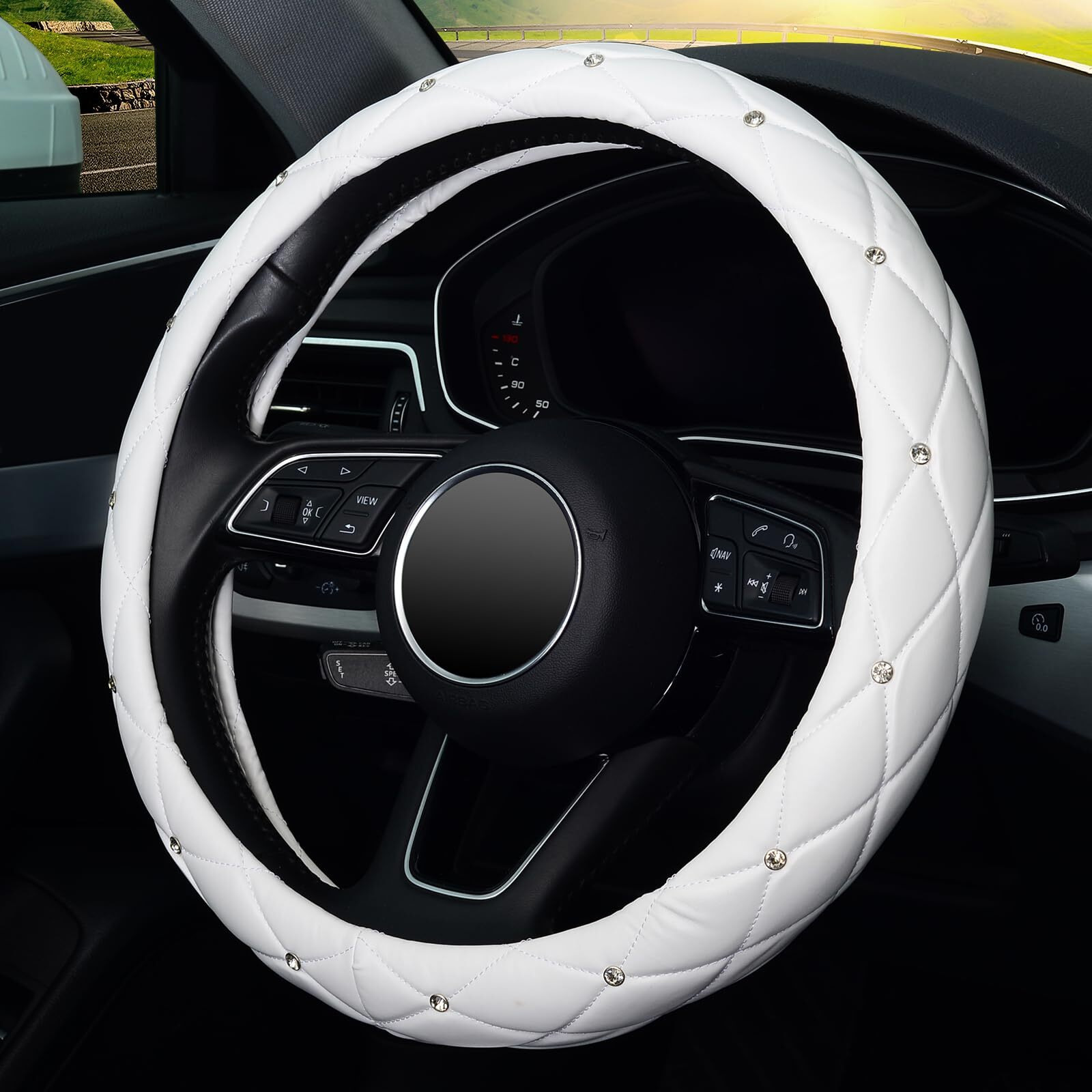 Kafeek Diamond Soft Leather Steering Wheel Cover With Bling Bling Crystal Rhinestones  Universal 15 Inch  Pure White