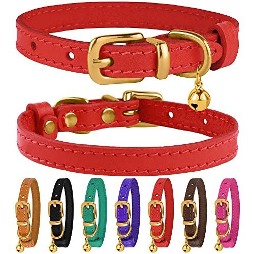 Bronzedog Leather Cat Collar With Bell Adjustable Non Breakaway Kitten Collars For Girl Boy Indoor Small Pet Black Brown (Neck Size 9 - 11  Red)