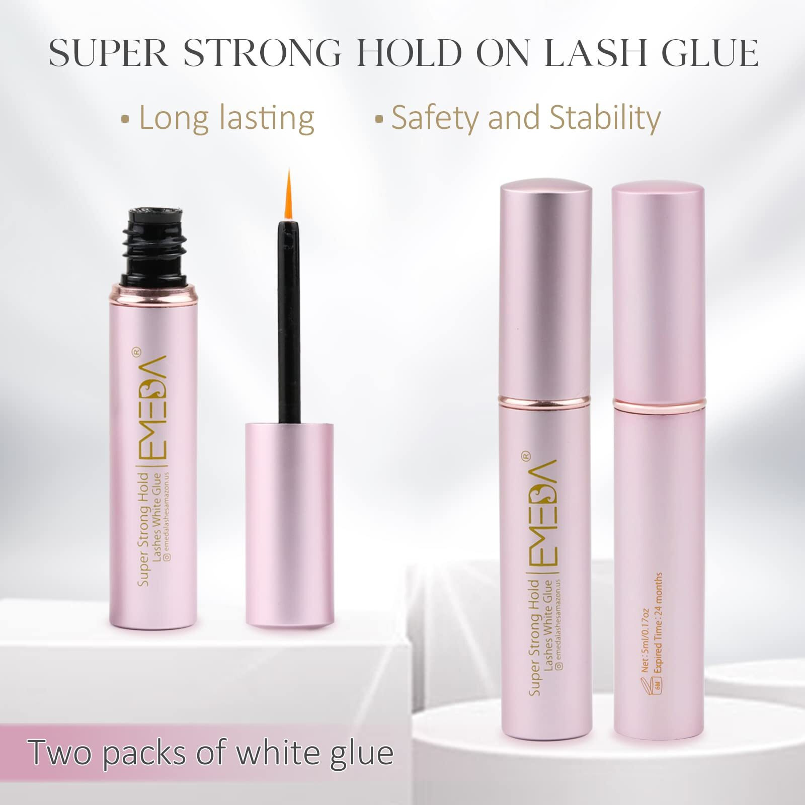 Emeda 2 Pcs False Eyelash Glue Super Strong Hold Clear Glue Latex Free Eyelash Glue Waterproof Lash Glue White Strip Eyelash Adhesive(2Pcs White)