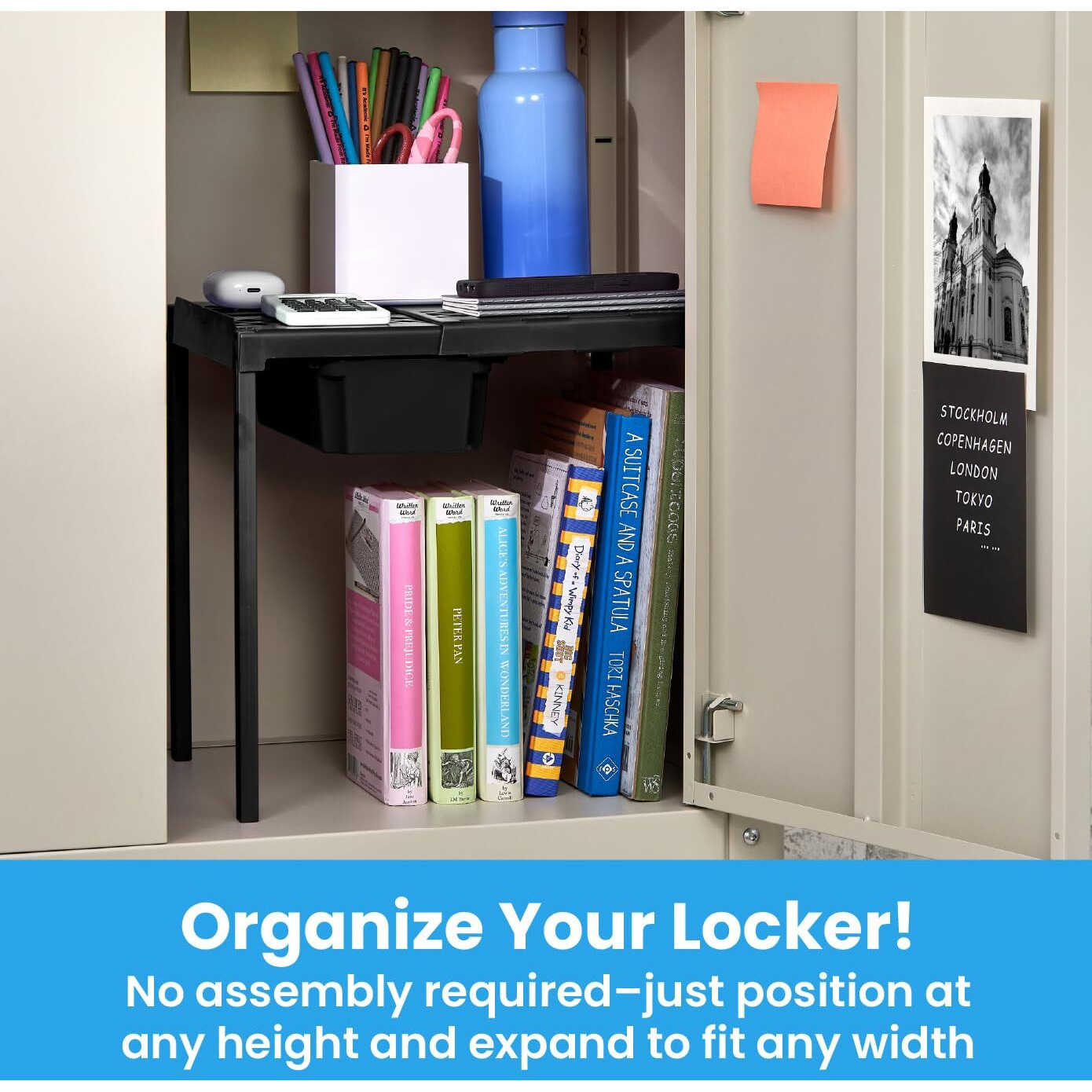 Lockermate Adjust-A-Shelf Locker Shelf & Organizer  Extends To Fit Your Locker  Includes Storage Drawer  Black