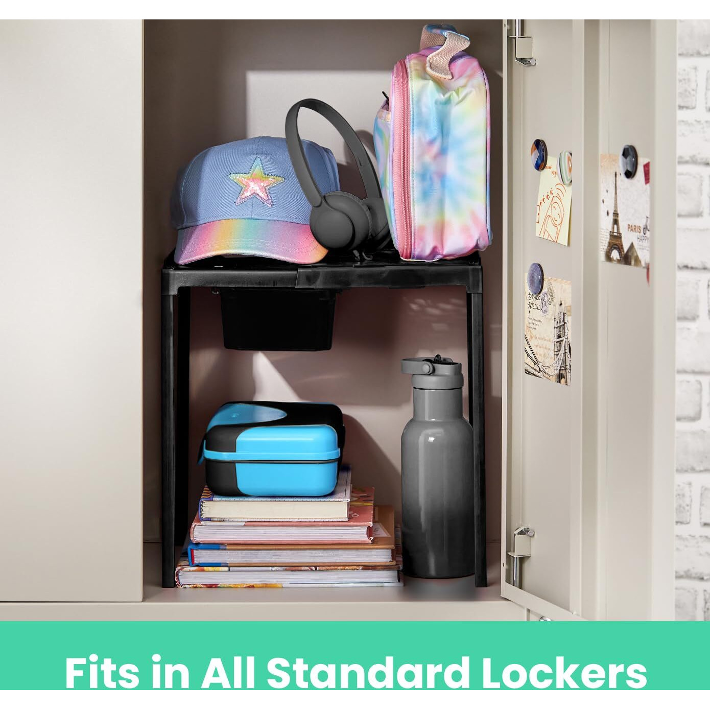 Lockermate Adjust-A-Shelf Locker Shelf & Organizer  Extends To Fit Your Locker  Includes Storage Drawer  Black