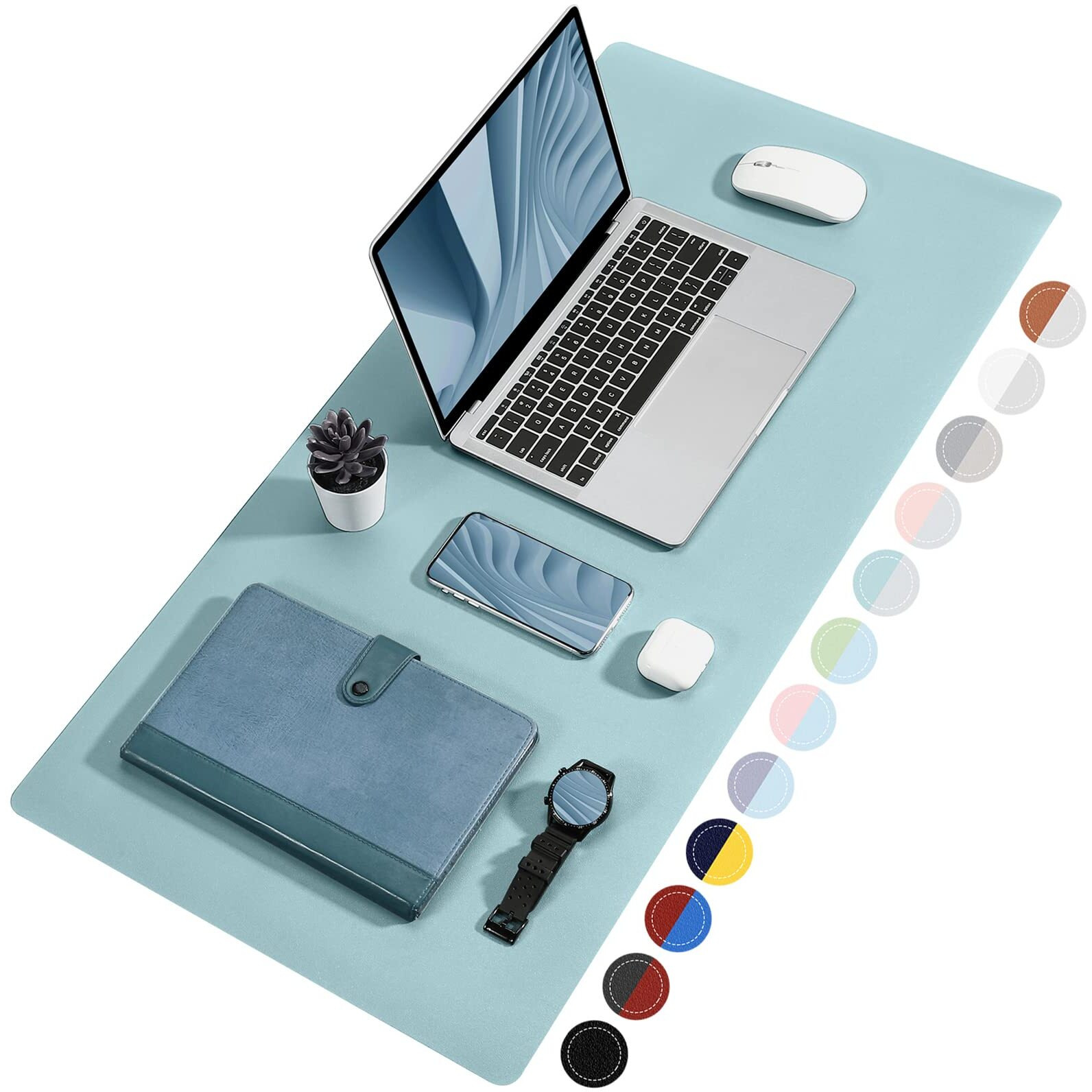 Towwi Dual Sided Desk Pad  Large Desk Mat  Waterproof Desk Blotter Protector Mouse Pad  Leather Desk Pad Large For Keyboard And Mouse (24 "" X 14 ""  Blue/Silver)