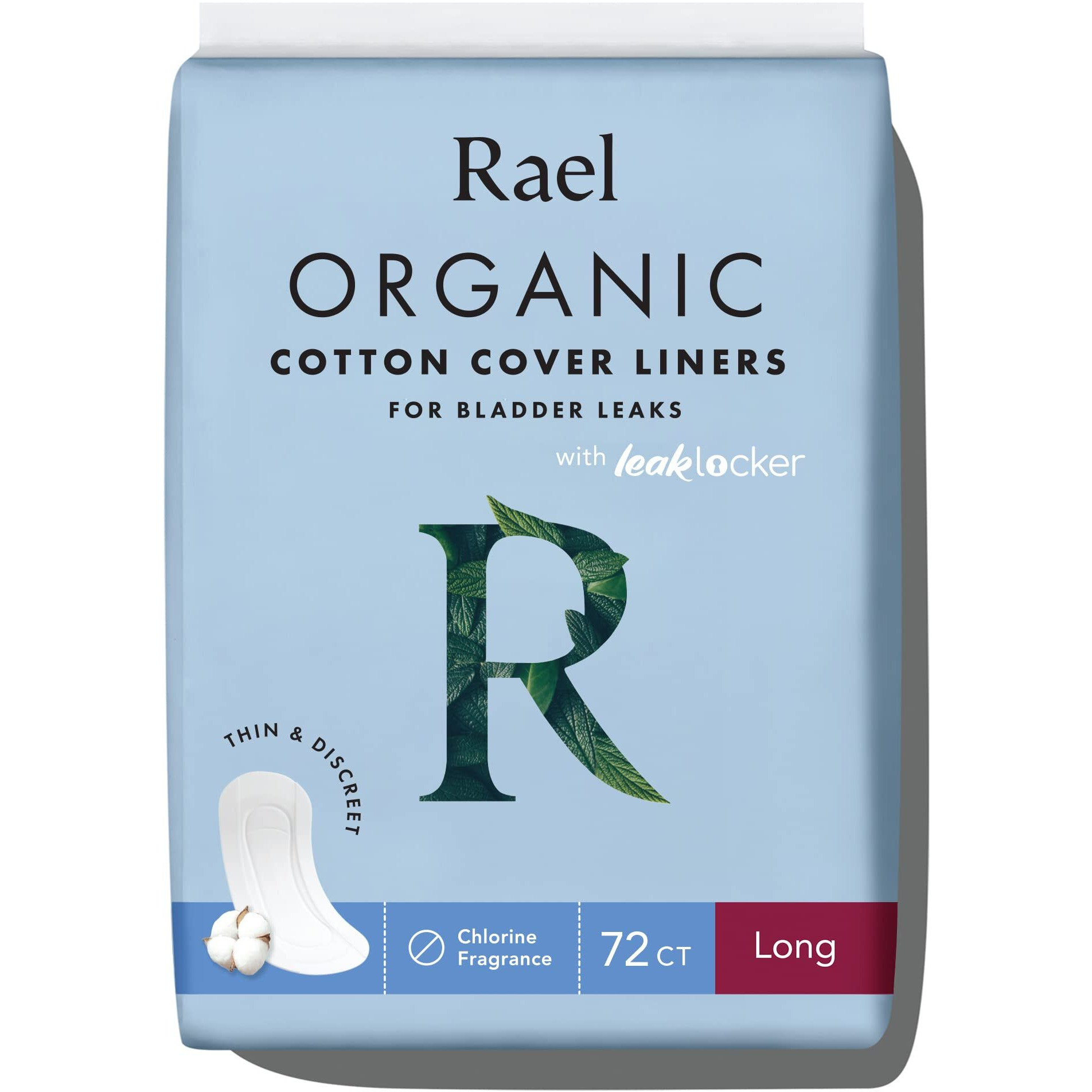 Rael Incontinence Liners For Women  Organic Cotton Cover - Postpartum Essential  Regular Absorbency  Bladder Leak Control  4 Layer Core With Leak Guard Technology  (Long  72 Count)