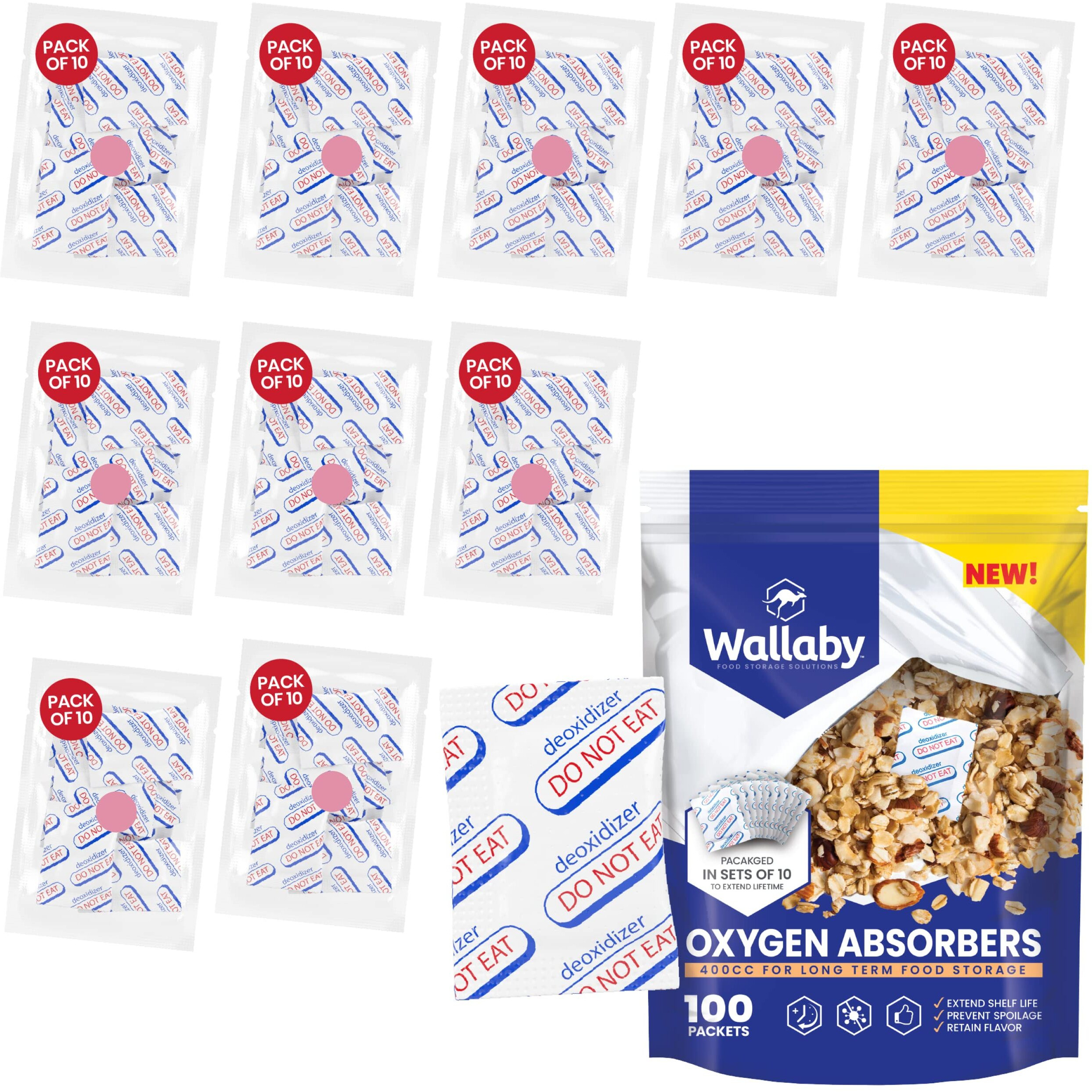 Wallaby 400Cc Oxygen Absorbers For Long Term Food Storage 100 Count (10 Packs Of 10) Bulk - Fda Food Grade Packs For Vacuum Mylar Bag  Airtight Container Flour Sugar Cereal  Freeze Dryer & Dehydrator