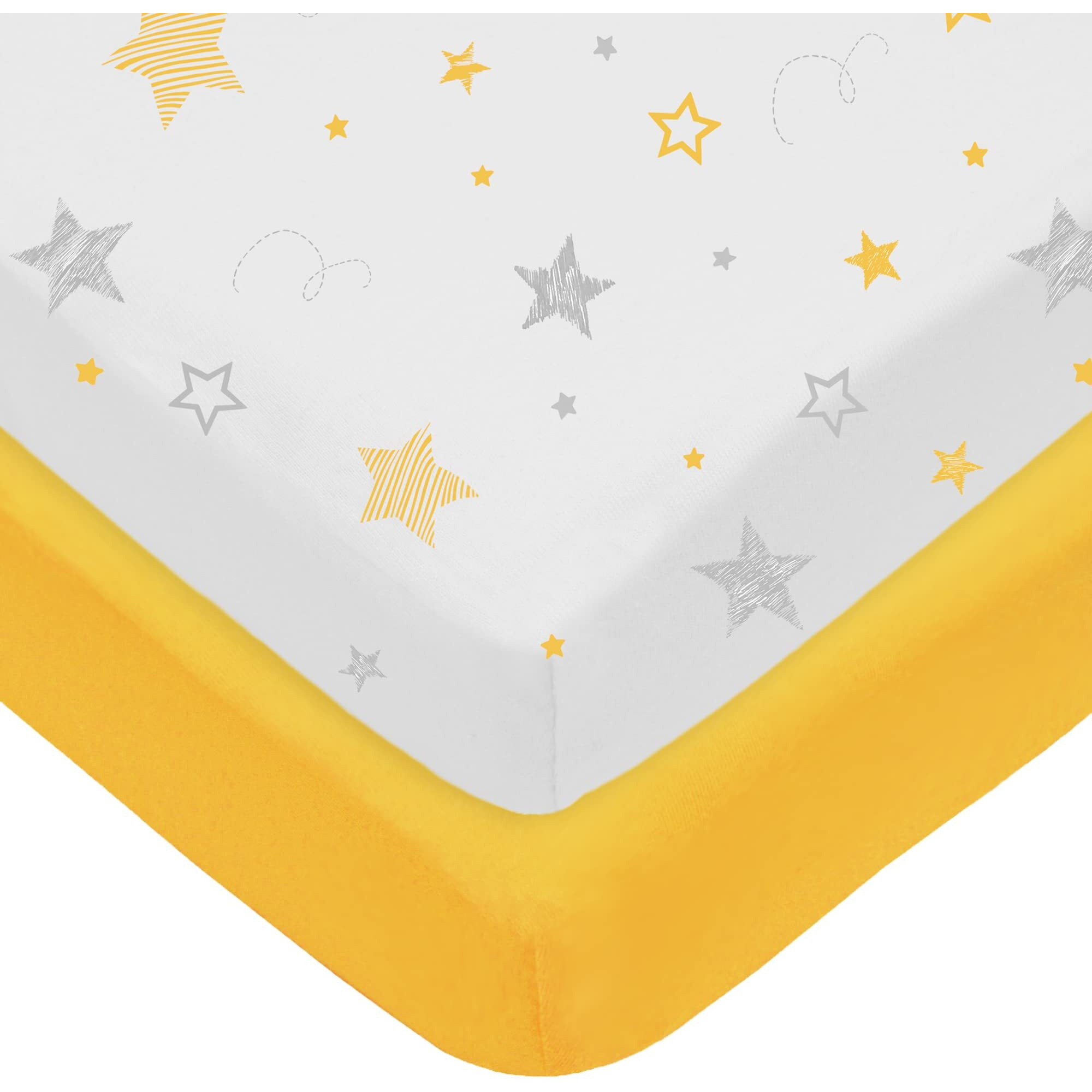 American Baby Company 2 Pack Printed 100% Natural Cotton Value Jersey Knit Fitted Portablemini-Crib Sheet  Golden Yellow Staryellow  Soft Breathable  For Boys And Girls
