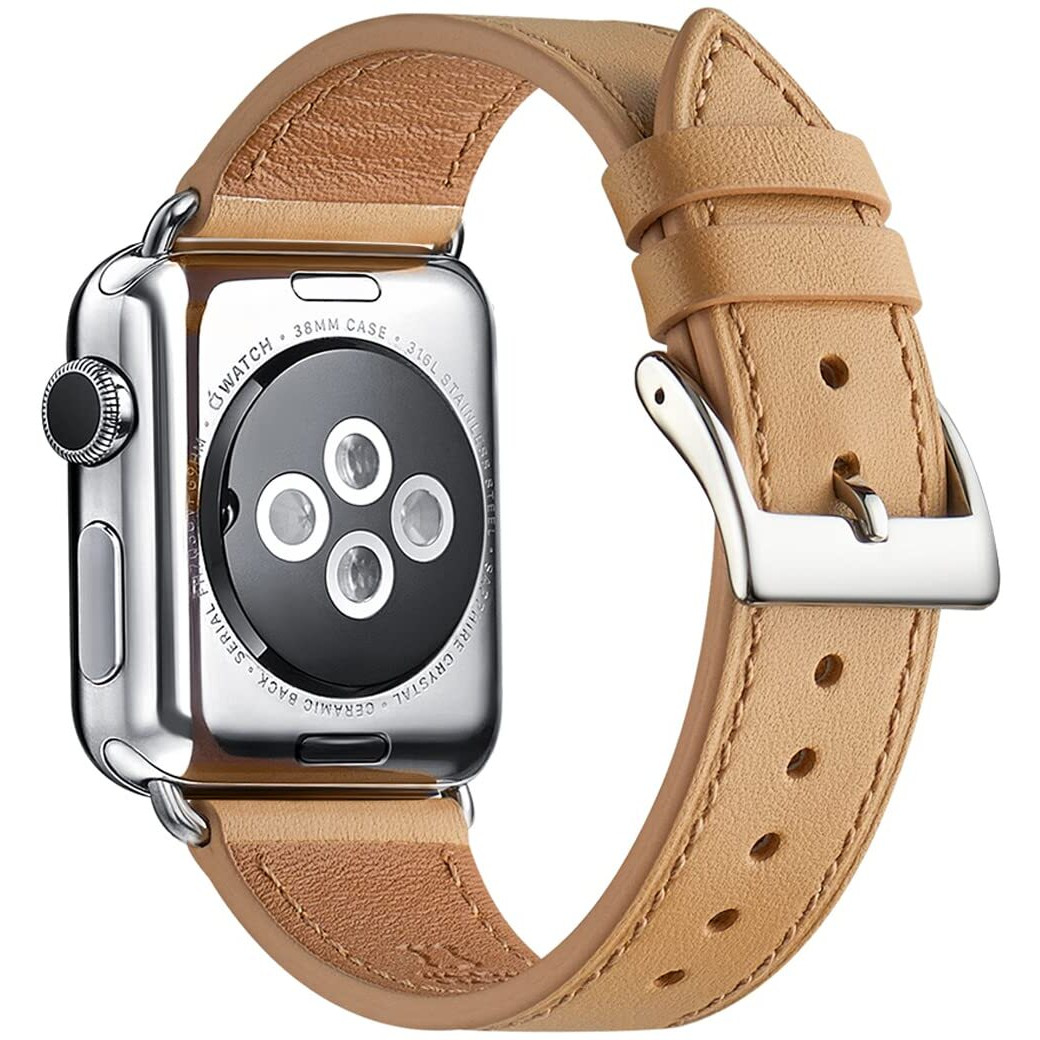 Bestig Band Compatible For Apple Watch 38Mm 40Mm 41Mm  Genuine Leather Replacement Strap For Iwatch Series 8 7 6 Se 5 4 3 2 1  Sports & Edition (Camel Band+Silver Connector)