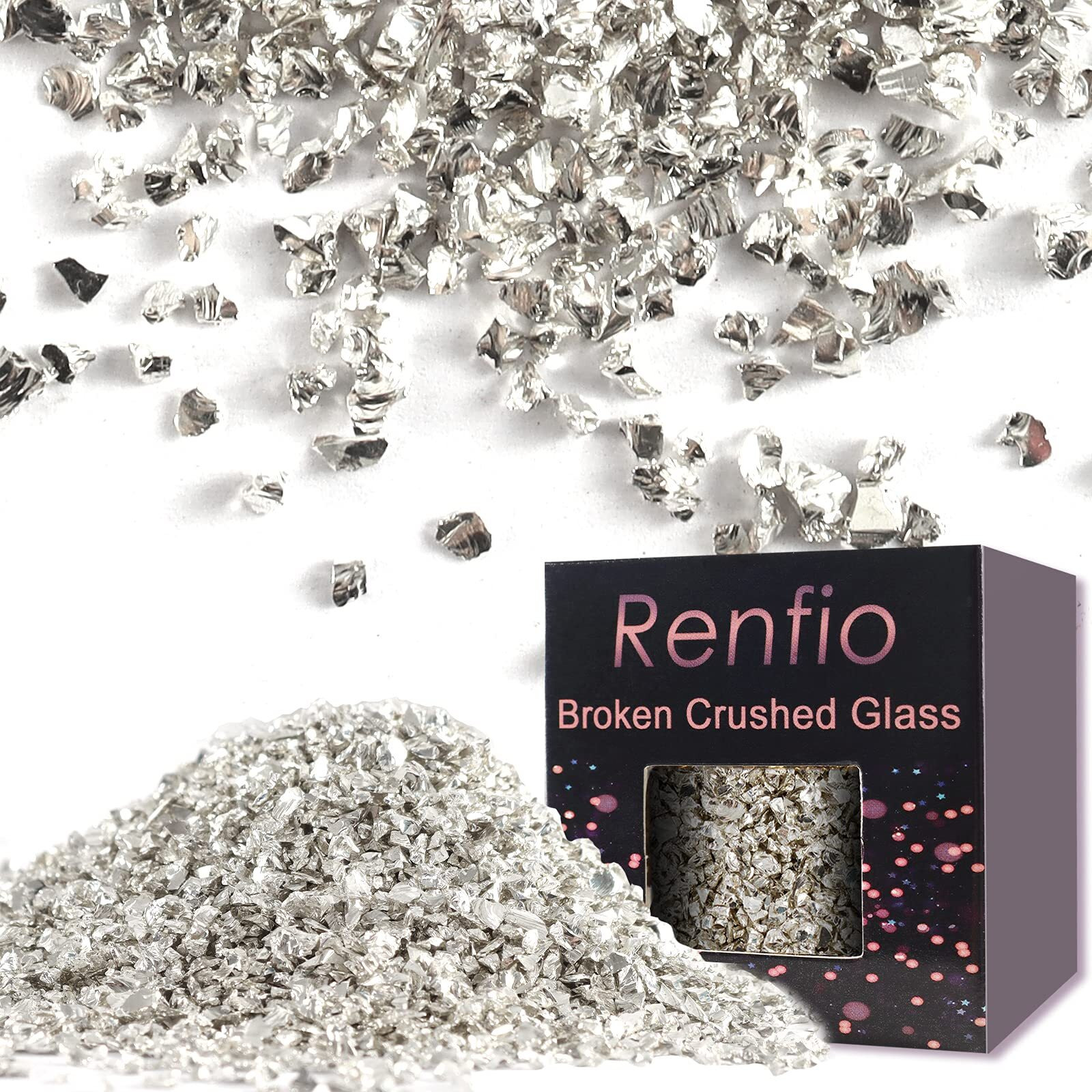 Renfio Broken Crushed Glass Glitter Shards Crush 2-4Mm Irregular Small Metallic Chunky Chips 3.5 Oz (100G) High Luster Craft Sequins Gravel For Diy Phone Case Geode Art Coasters Ornament - Silver