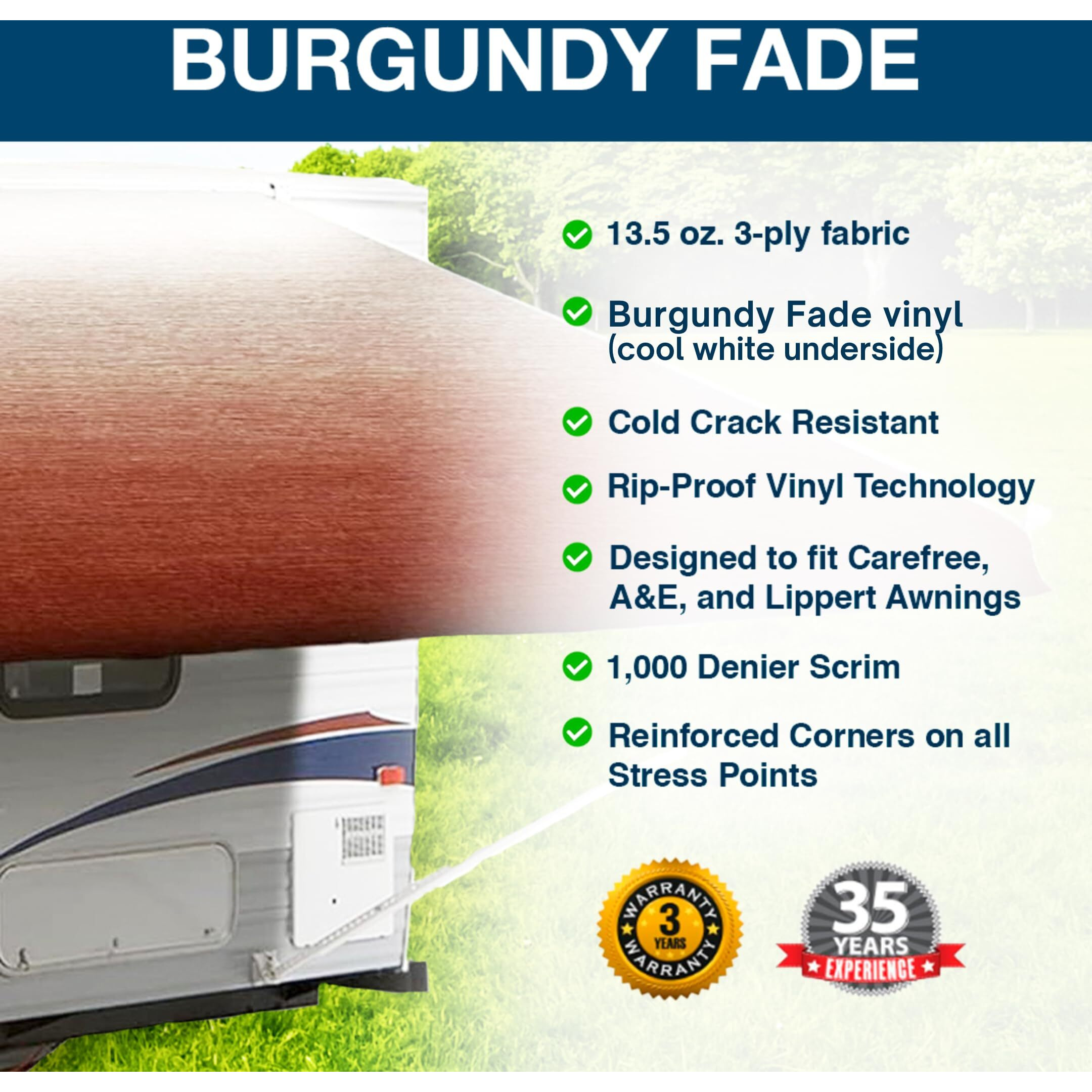 Shade Pro Rv Awning Fabric Replacement | Durable Premium Grade Vinyl (16 ' [Fabric 15 ' 2 ""]  Burgundy Fade) Camper Shade Awning Canopy