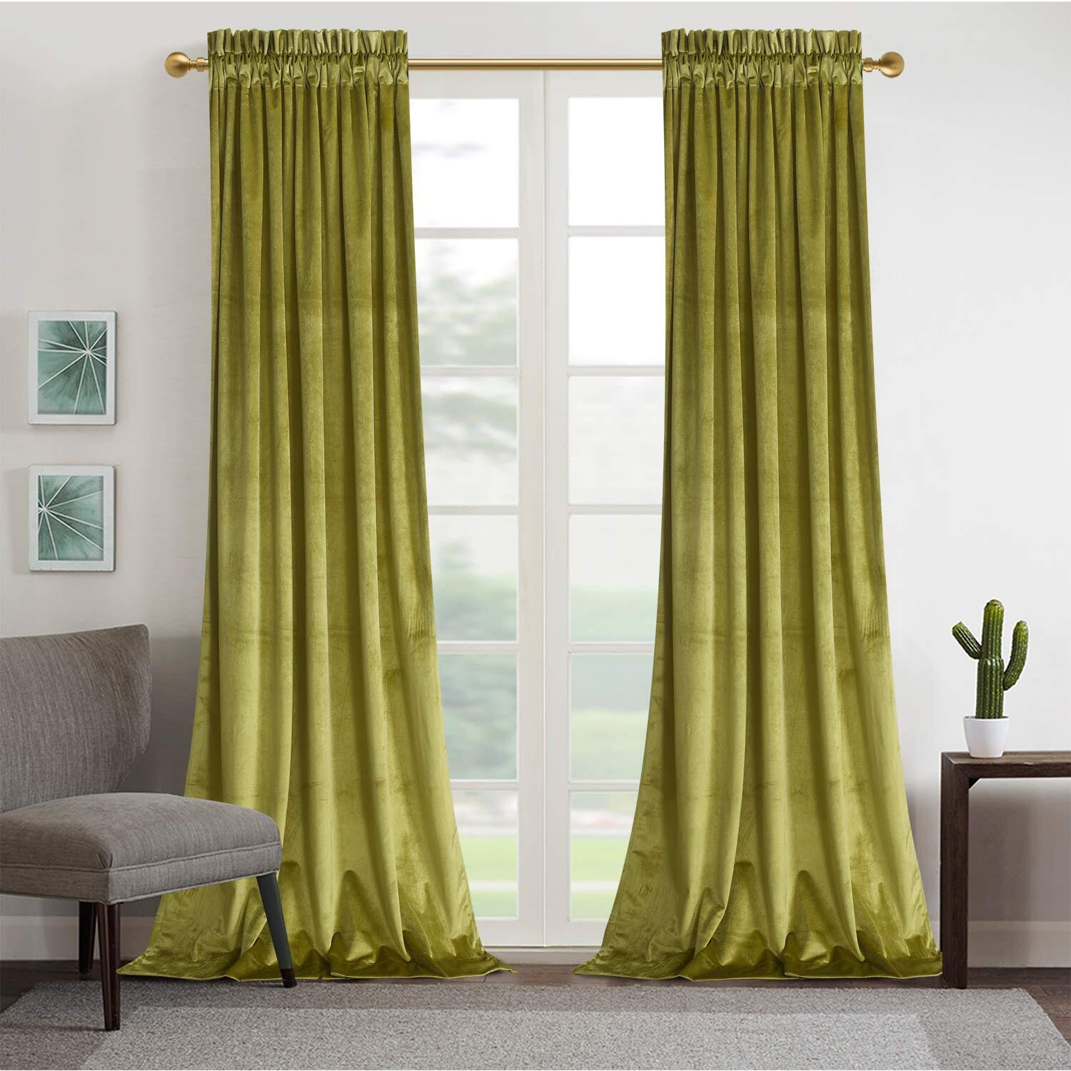 Roslynwood Velvet Curtain Panels Cyan Yellow Room Darkening Window Super Soft Luxury Drapes For Bedroom Thermal Insulated Rod Pocket Curtain For Living Room (2 Panels  52 By 84 Inch)