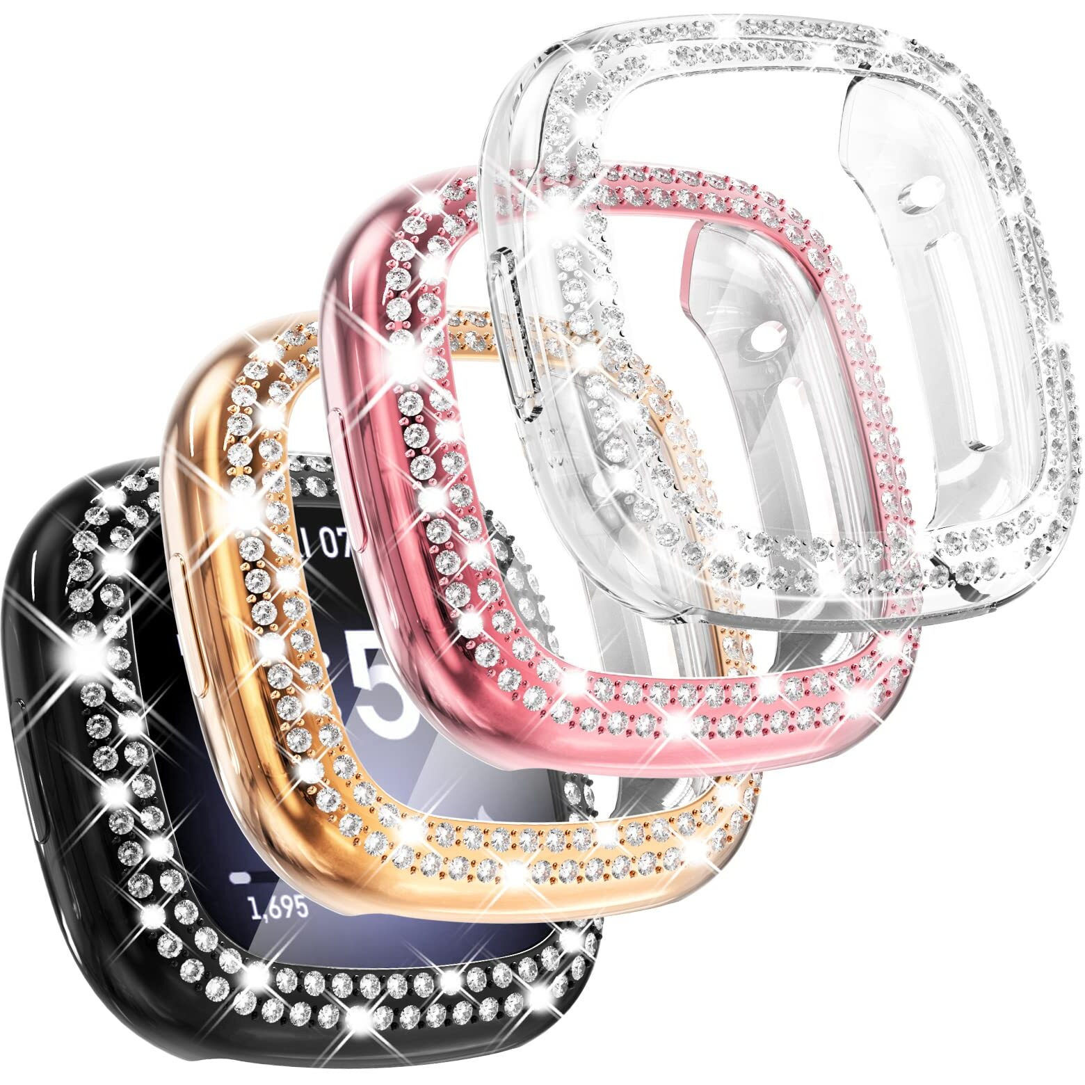 Chanchy 4 Pack Compatible With Fitbit Versa 3 Screen Protector Case  Soft Tpu Full Protective Case Cover Bumper Bling Crystal Diamond Frame For Fitbit Versa 3 Smart Watch  Rose Gold/Pink/Clear/Black