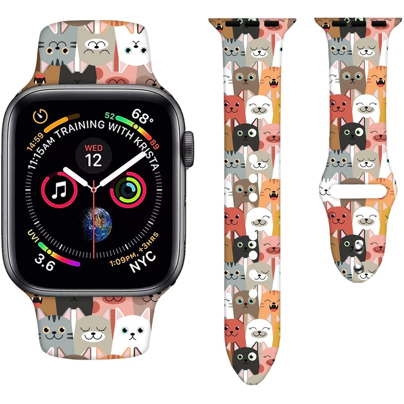 Cute Funny Cat Pattern Watch Band Compatible With Apple Watch 38Mm 40Mm 42Mm 44Mm Adjustable Wristbands Cat Print Silicone Smartwatch Strap For Iwatch Series 7 6 5 4 3 2 1