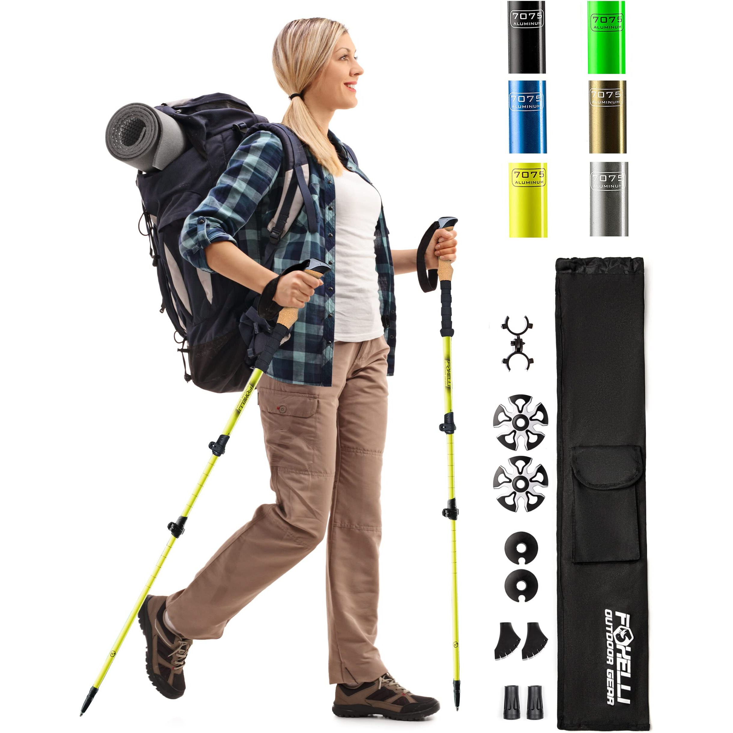 Foxelli Trekking Poles - 2-Pc Pack Collapsible Lightweight Hiking Poles  Strong Aircraft Aluminum Adjustable Walking Sticks With Natural Cork Grips And 4 Season All Terrain Accessories