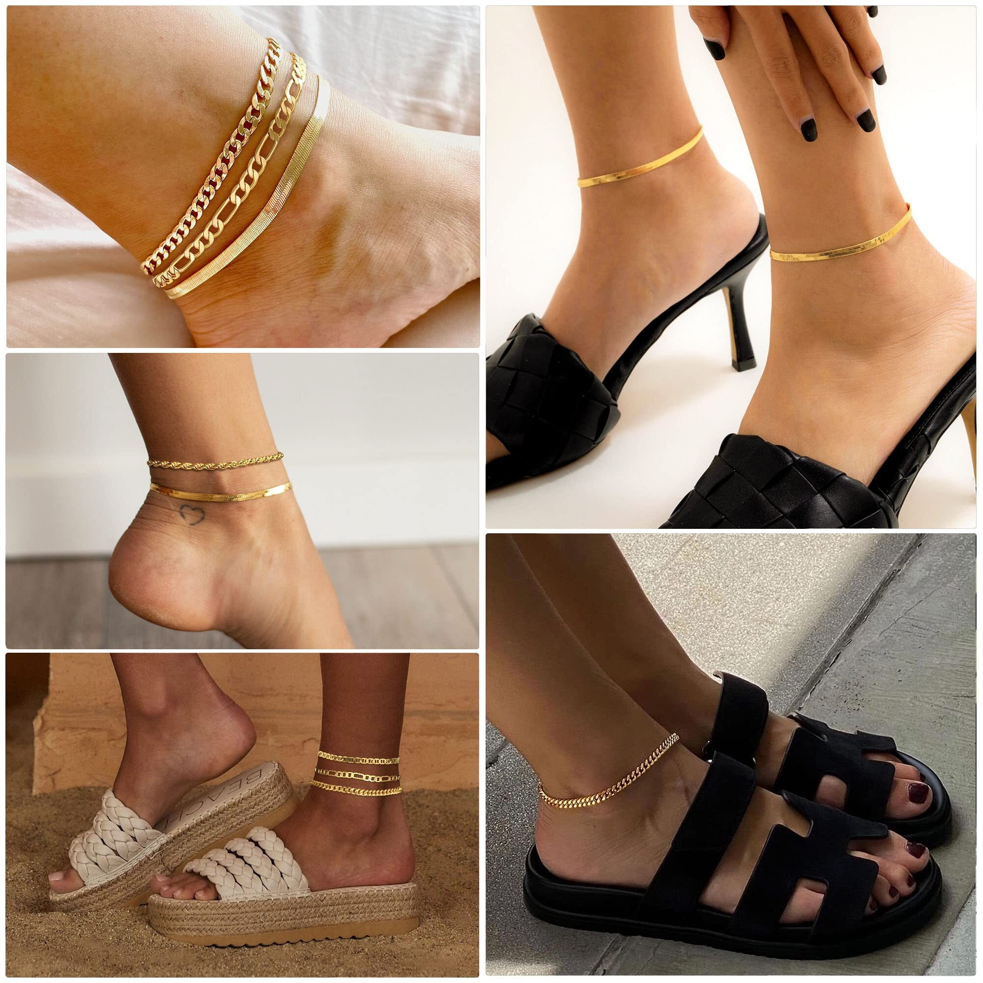 Dearmay Gold Anklets For Women Waterproof Ankle Bracelets For Women 14K Gold Plated Cuban Link Cute Figaro Paperclip Rope Herringbone Anklets Set Gold Jewelry Gift