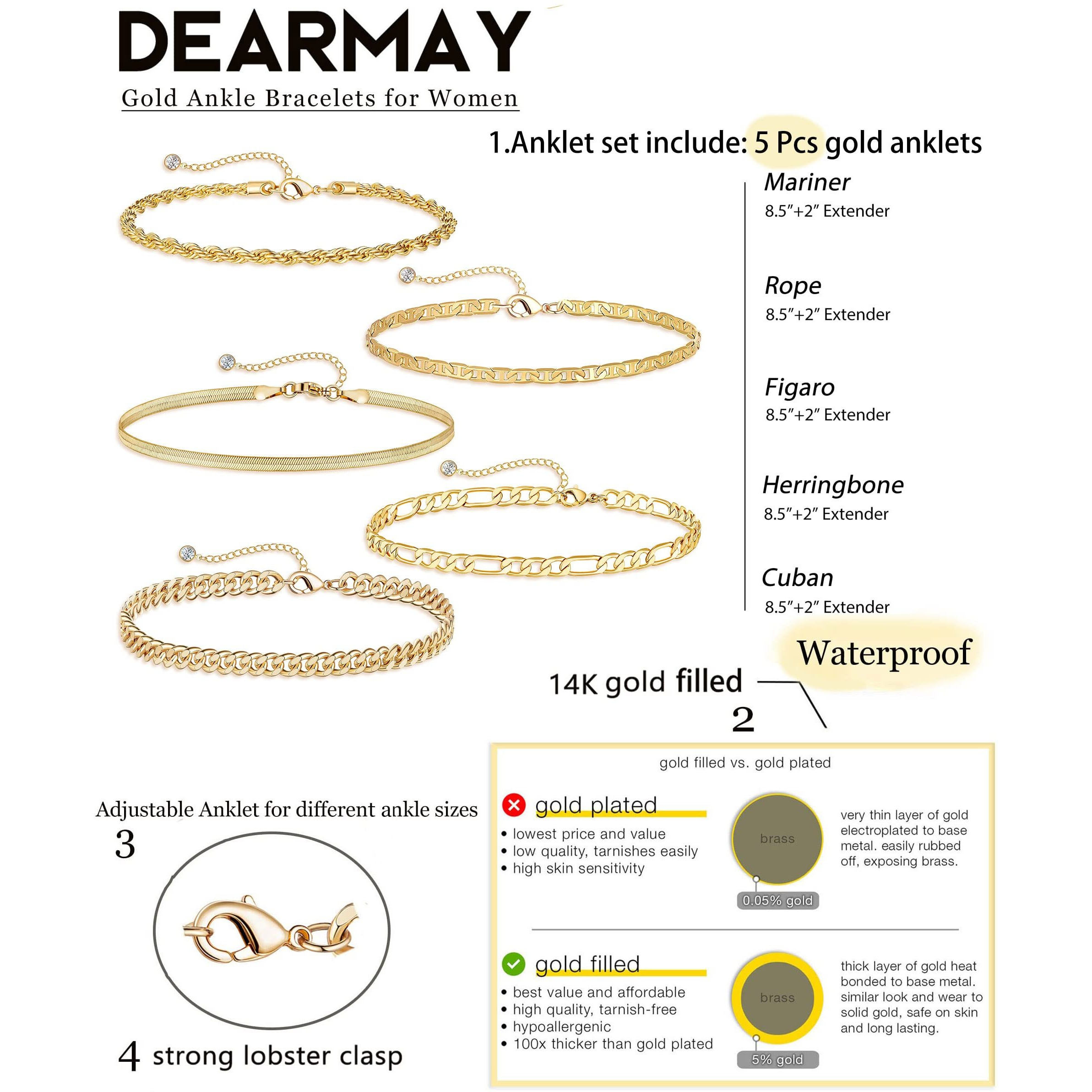 Dearmay Gold Anklets For Women Waterproof Ankle Bracelets For Women 14K Gold Plated Cuban Link Cute Figaro Paperclip Rope Herringbone Anklets Set Gold Jewelry Gift
