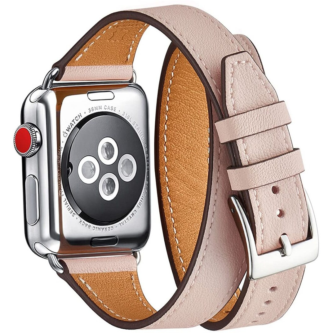 Bestig Compatible With Apple Watch Band 49Mm 46Mm 45Mm 44Mm 42Mm(Series 3 2 1) For Women Men  Genuine Leather Double Tour Slim Strap For Iwatch Ultra Se Series 9 8 7 6 5 4 3 2 1 (Pink Sand+Silver)