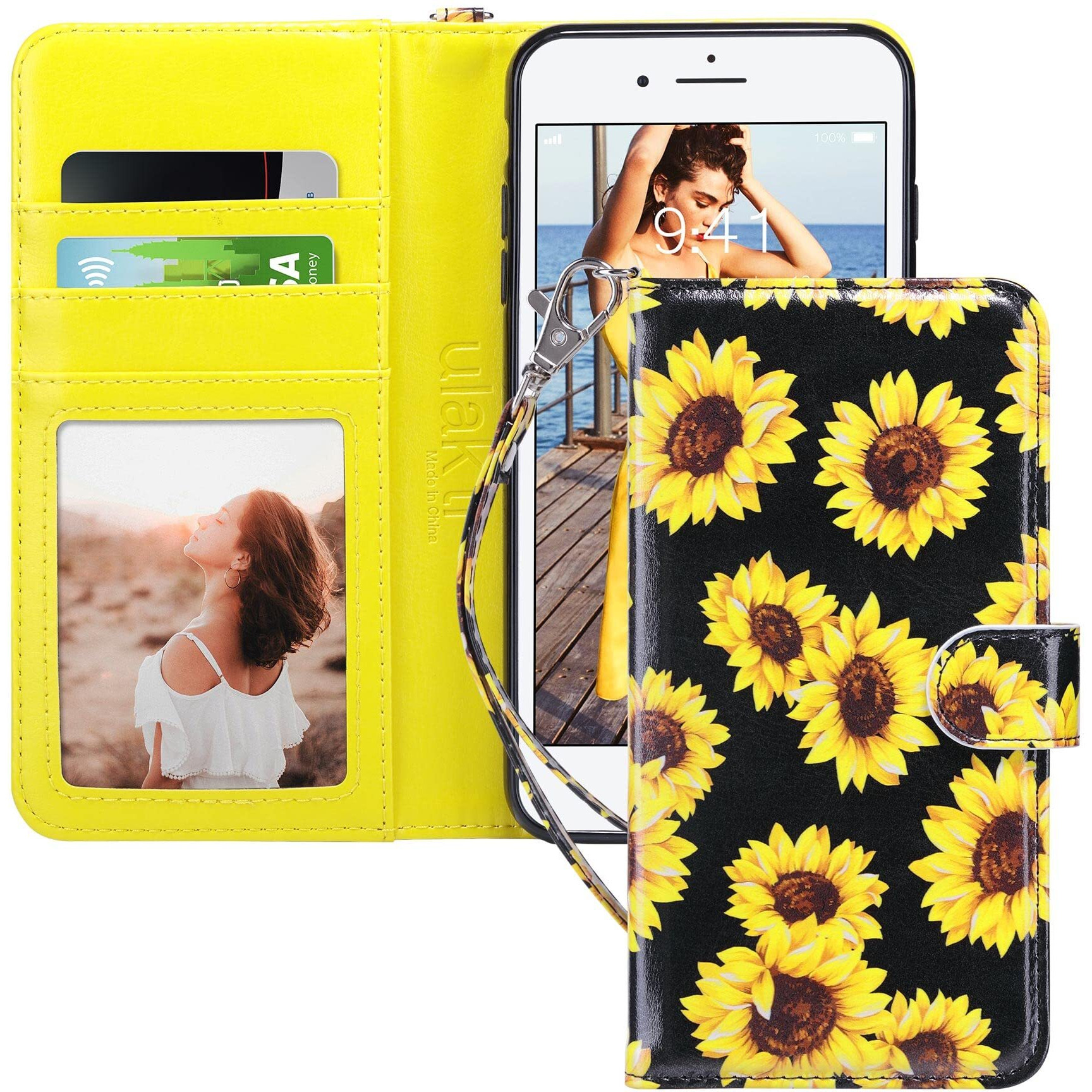 Ulak Iphone 8 Plus Case  Iphone 7 Plus Flip Wallet Case  Pu Leather Wallet Case With Card Holders Kickstand Hand Strap Shockproof Protective Cover For Apple Iphone 7 Plus8 Plus 55 Inch  Sunflower