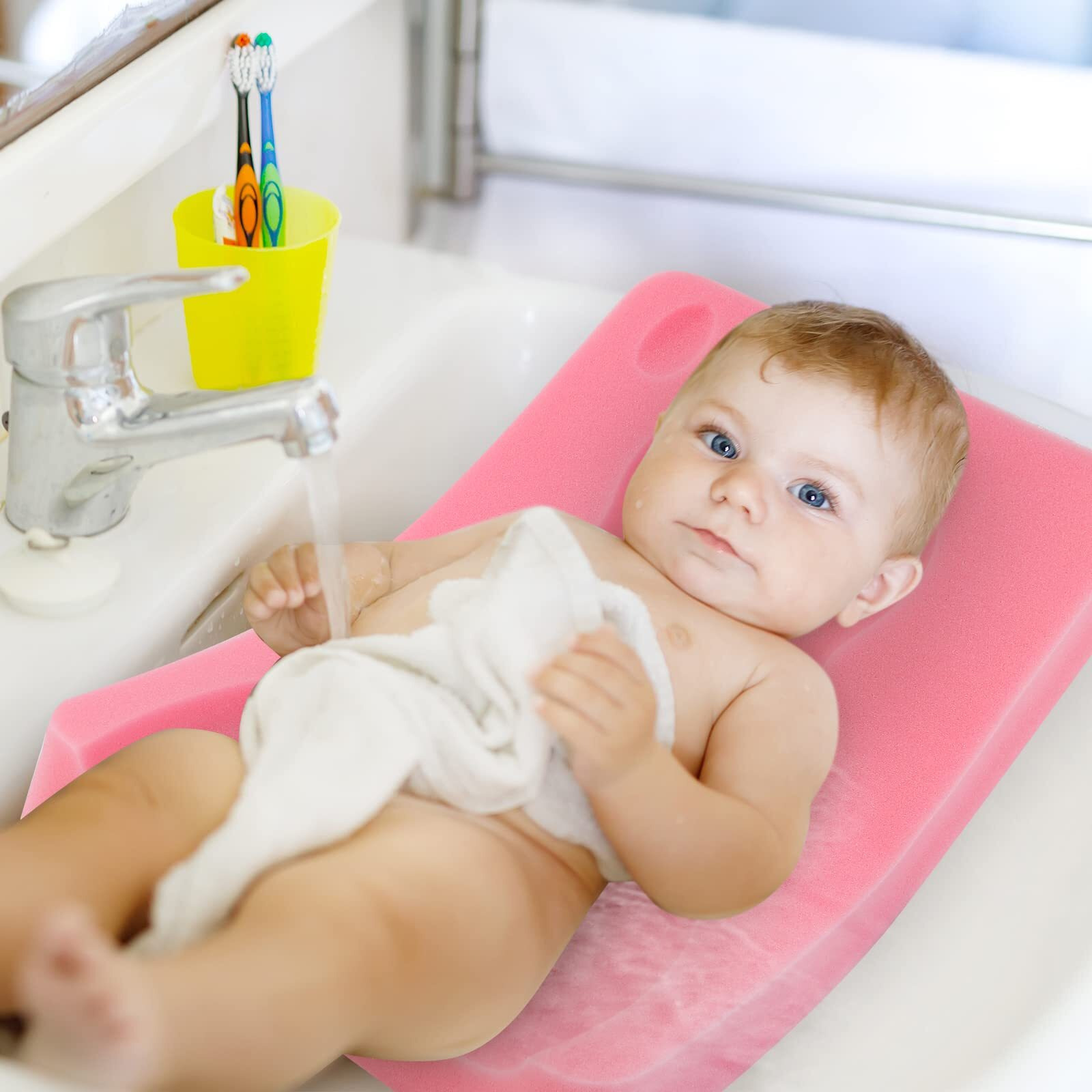 Kecuco Baby Bath Cushion  Baby Bath Sponge For Bathing Infant Bath Mat Newborn Bath Baby Essentials - Excellent Foam Odor Free (Pink)