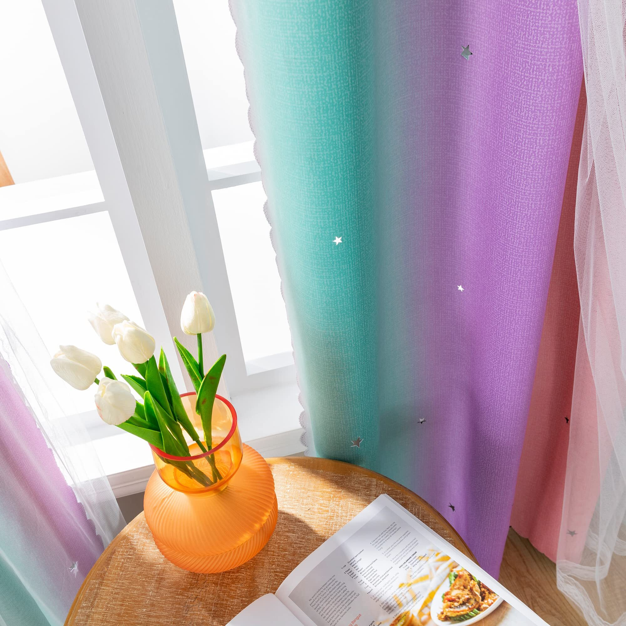 Xidi Dream Star Blackout Curtains For Kids Rooms Girl Princess Curtain For Daughter Bedroom Window (Pink Purple Green  W34 X L72)