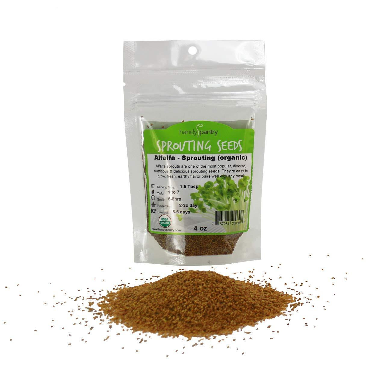 Certified Organic Alfalfa Sprouting Seed - 4 Oz - Handy Pantry Brand - High Sprout Germination- Edible Seeds  Gardening  Hydroponics  Growing Salad Sprouts  Planting  Food Storage & More