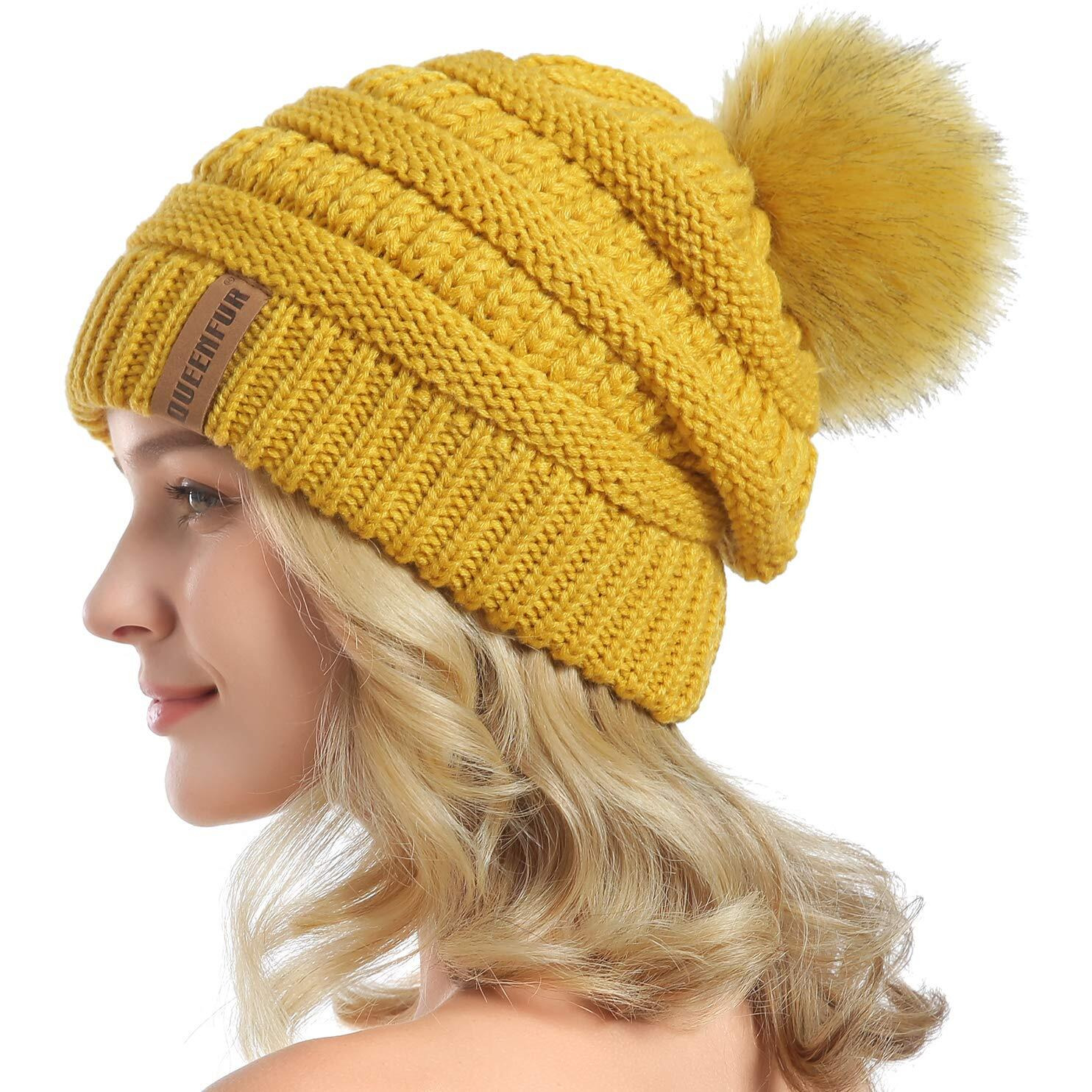 Queenfur Women Knit Slouchy Beanie Chunky Baggy Hat With Faux Fur Pompom Winter Soft Warm Ski Cap