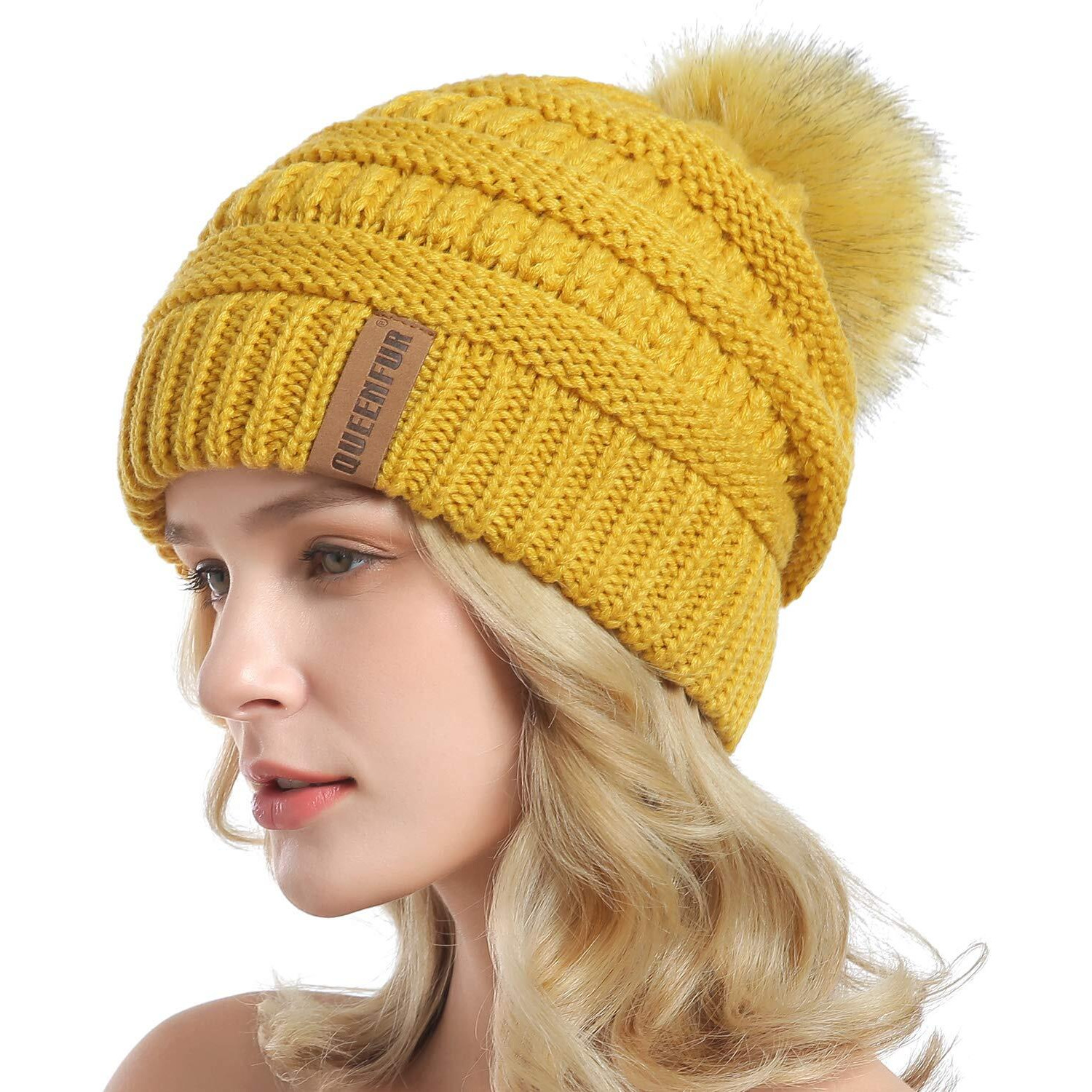 Queenfur Women Knit Slouchy Beanie Chunky Baggy Hat With Faux Fur Pompom Winter Soft Warm Ski Cap