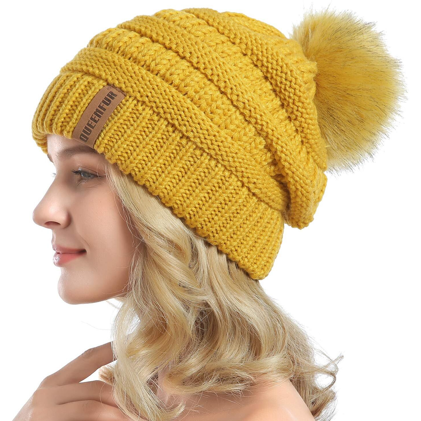 Queenfur Women Knit Slouchy Beanie Chunky Baggy Hat With Faux Fur Pompom Winter Soft Warm Ski Cap