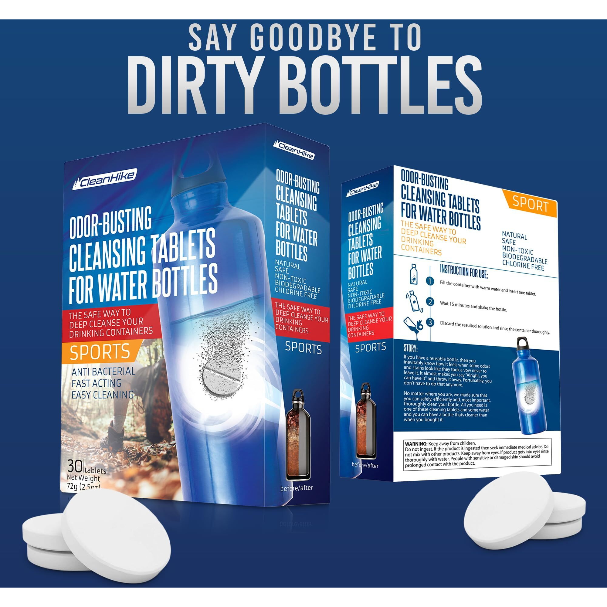 Tumbler Water Bottle Cleaning Tablets - All Natural Ingredient  Great For All Stainless  Plastics  Ceramic And Glass Drinking Containers  Individually Packed (30 Count)