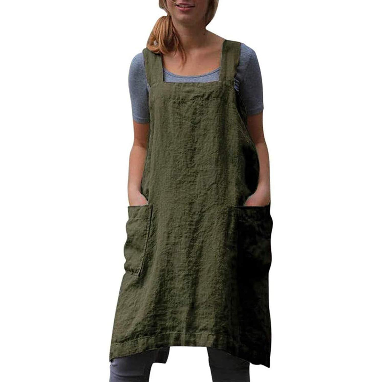 Cotton Linen Apron Cross Back Apron For Women With Pockets Pinafore Dress For Baking Cooking