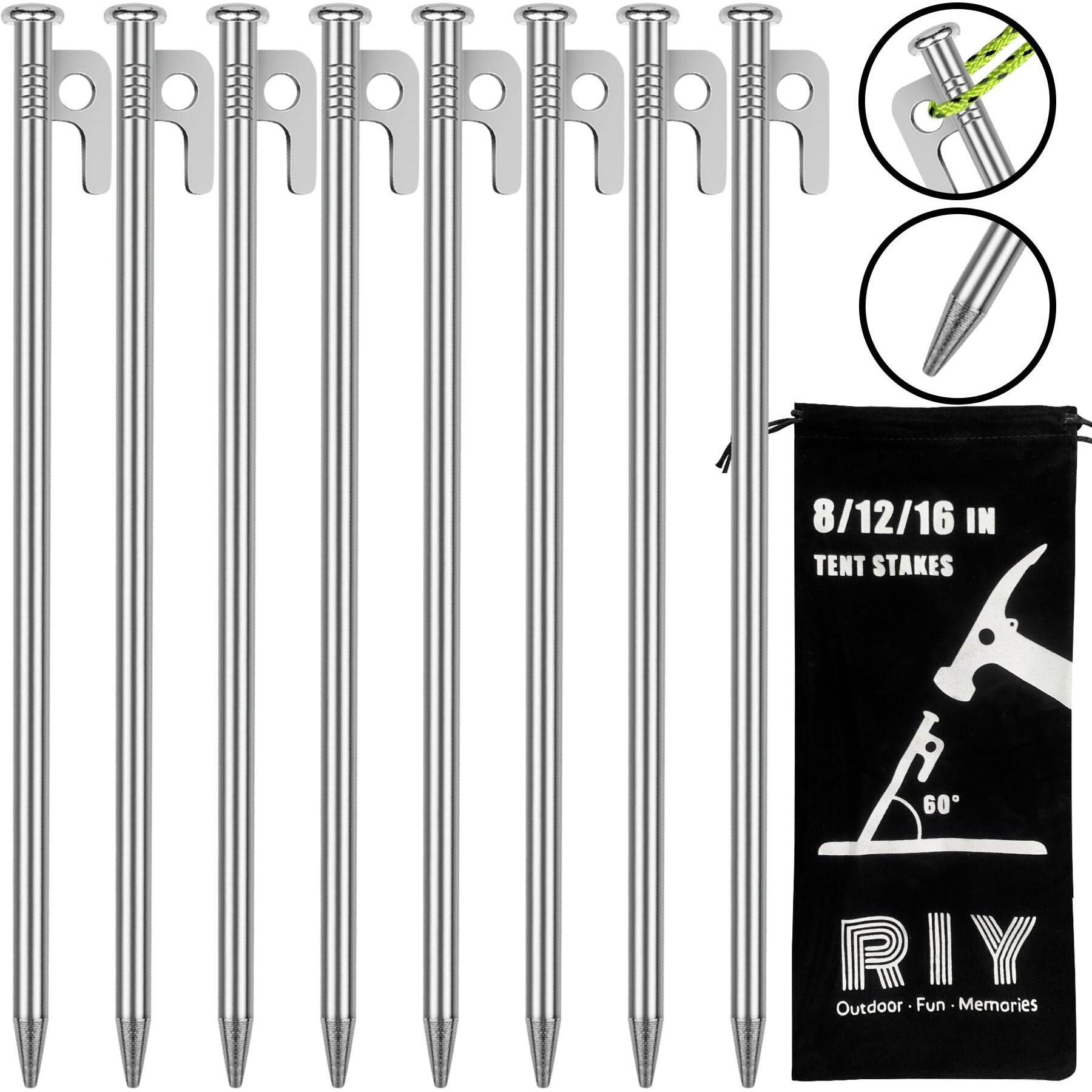 8 Pack Tent Stakes Heavy Duty 12 Inch Steel Tent Pegs For Camping Unbreakable And Inflexible-Silver