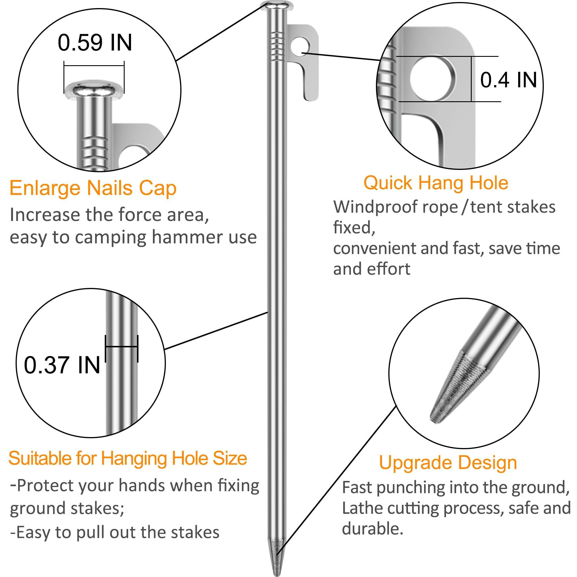 8 Pack Tent Stakes Heavy Duty 12 Inch Steel Tent Pegs For Camping Unbreakable And Inflexible-Silver
