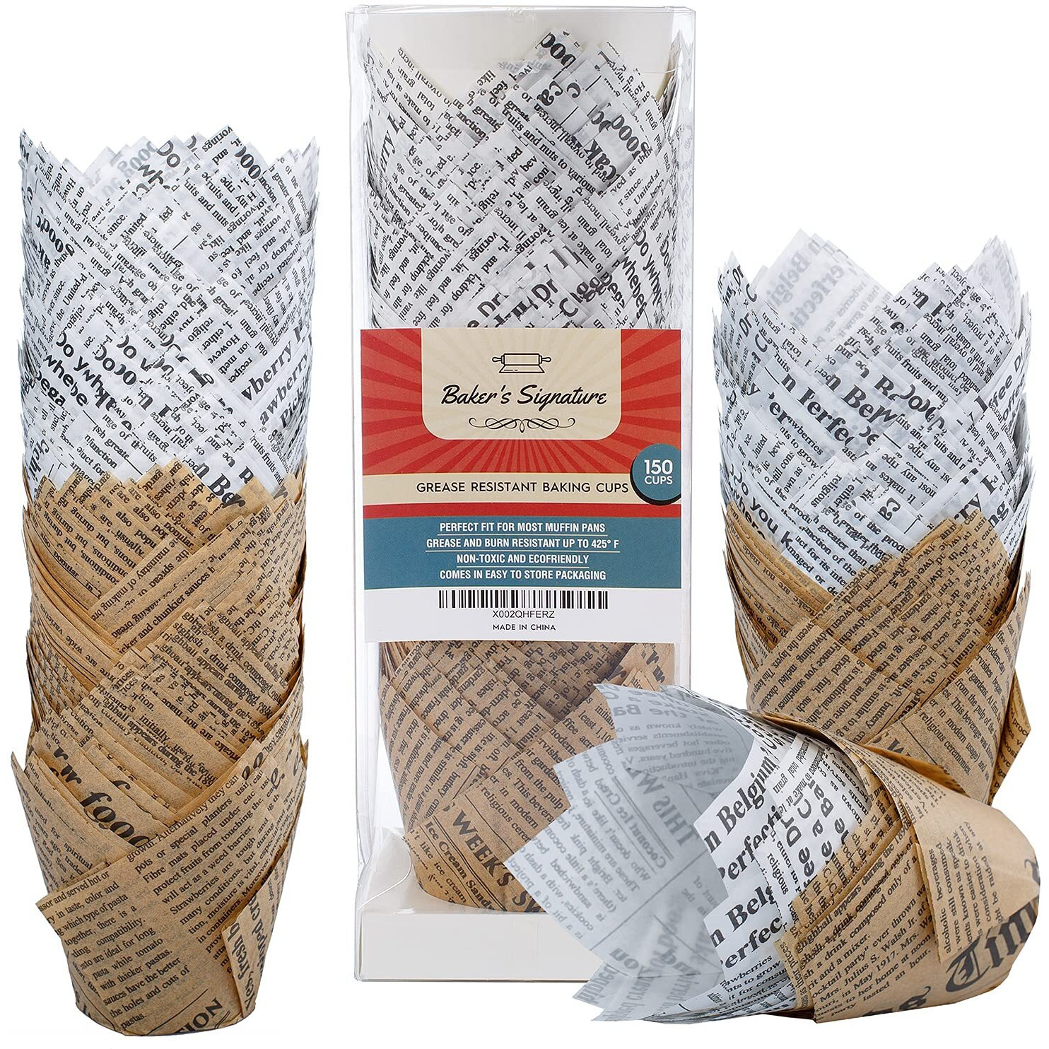 Bakers Signature Tulip Baking Cups Newspaper Pattern Paper Cupcake  Muffin Liners Pack Of 150  Grease Resistant Wrappers - Will Not Curl Or Burn - Comes In Convenient Packaging