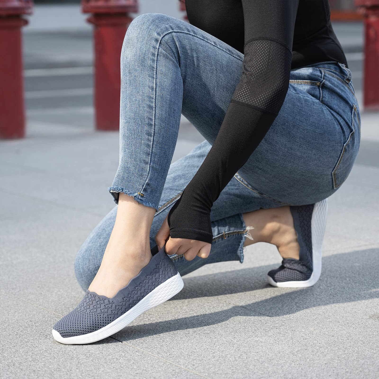 Poemlady Women 's Slip On Loafer Shoes - Mesh Casual Ballet Flat Nurse Walking Sneakers Knit Round Toe Casual Low Wedge Wide Shoes  1906 B/Dark Gray 8