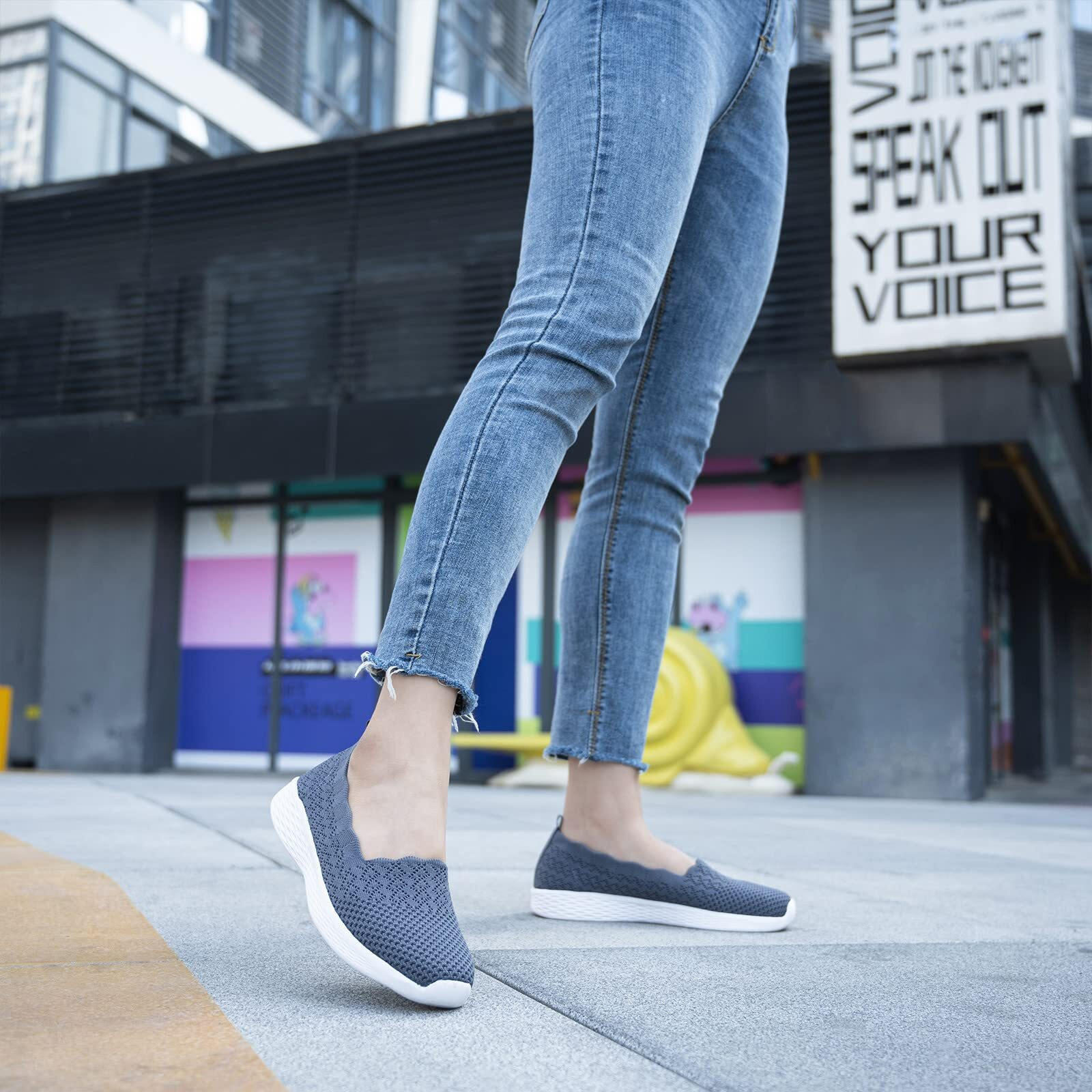 Poemlady Women 's Slip On Loafer Shoes - Mesh Casual Ballet Flat Nurse Walking Sneakers Knit Round Toe Casual Low Wedge Wide Shoes  1906 B/Dark Gray 8