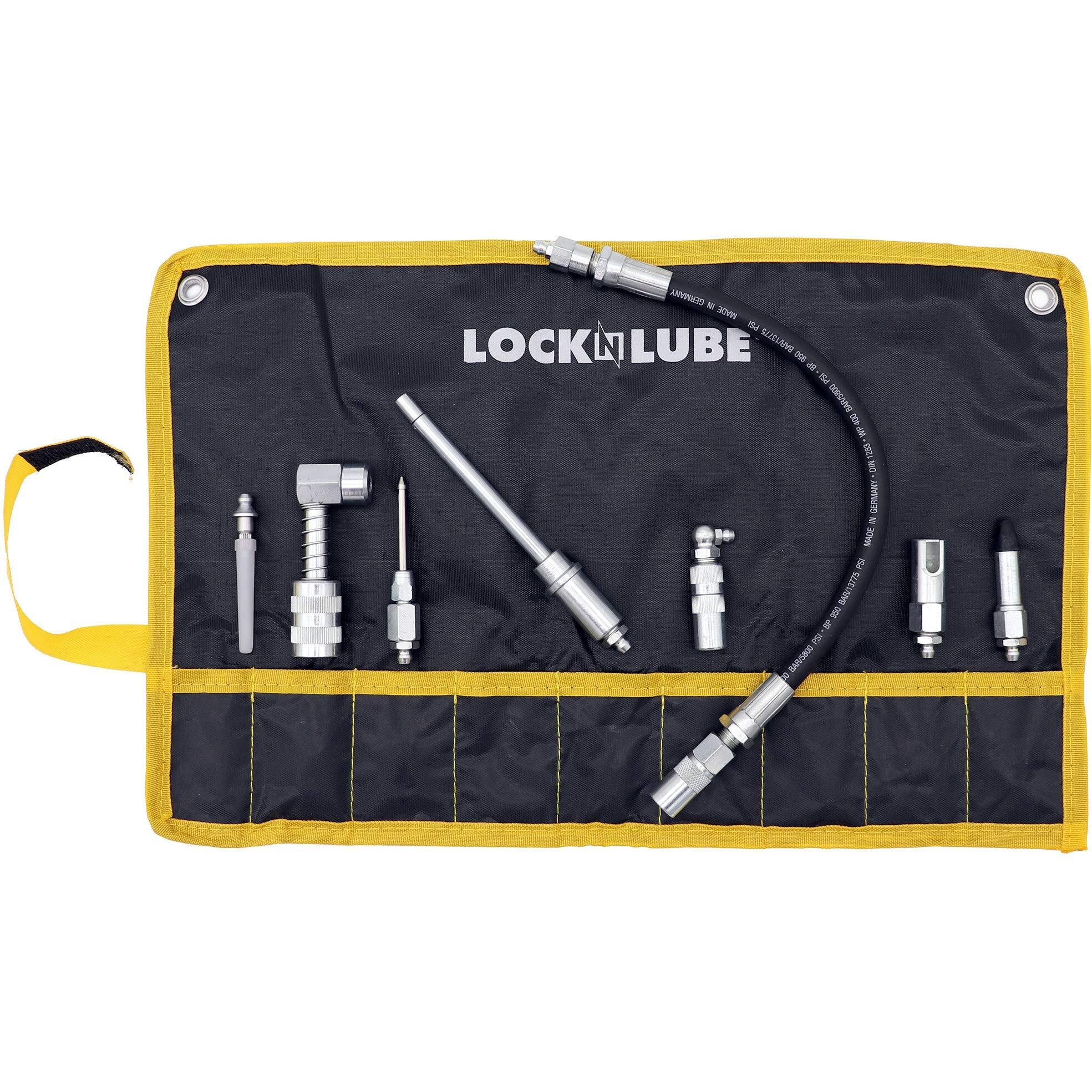 Locknlube 8-Piece Quick Connect Greasing Accessory Kit. Complete Grease Fitting Connection Kit. Reach Any Grease Fitting On Any Machine. The Rip-Stop Case Keeps Tools Clean And Portable.