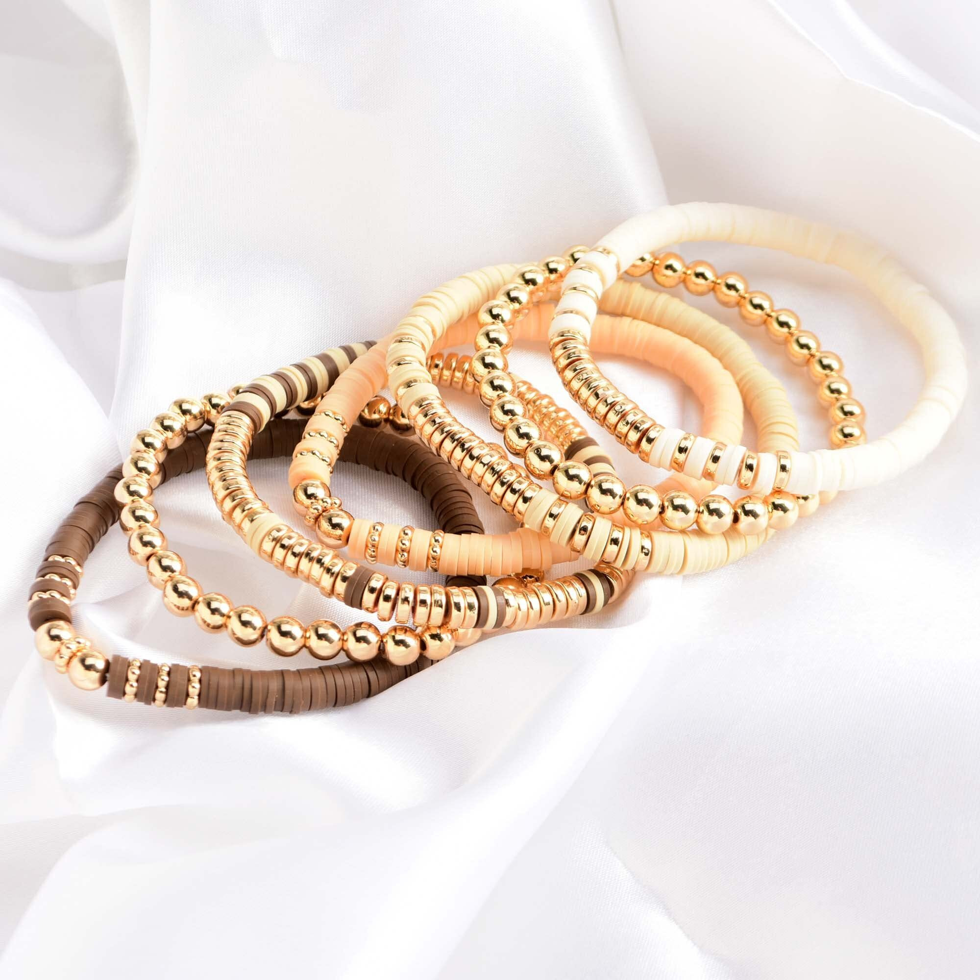Goojids Surfer Heishi Clay Bead Bracelets For Women Bohemian Stackable Gold Beaded Stretch Bracelets Elastic Layering Friendship Bracelets Set Boho Jewelry (G2-Brown&Beige 7Pcs)
